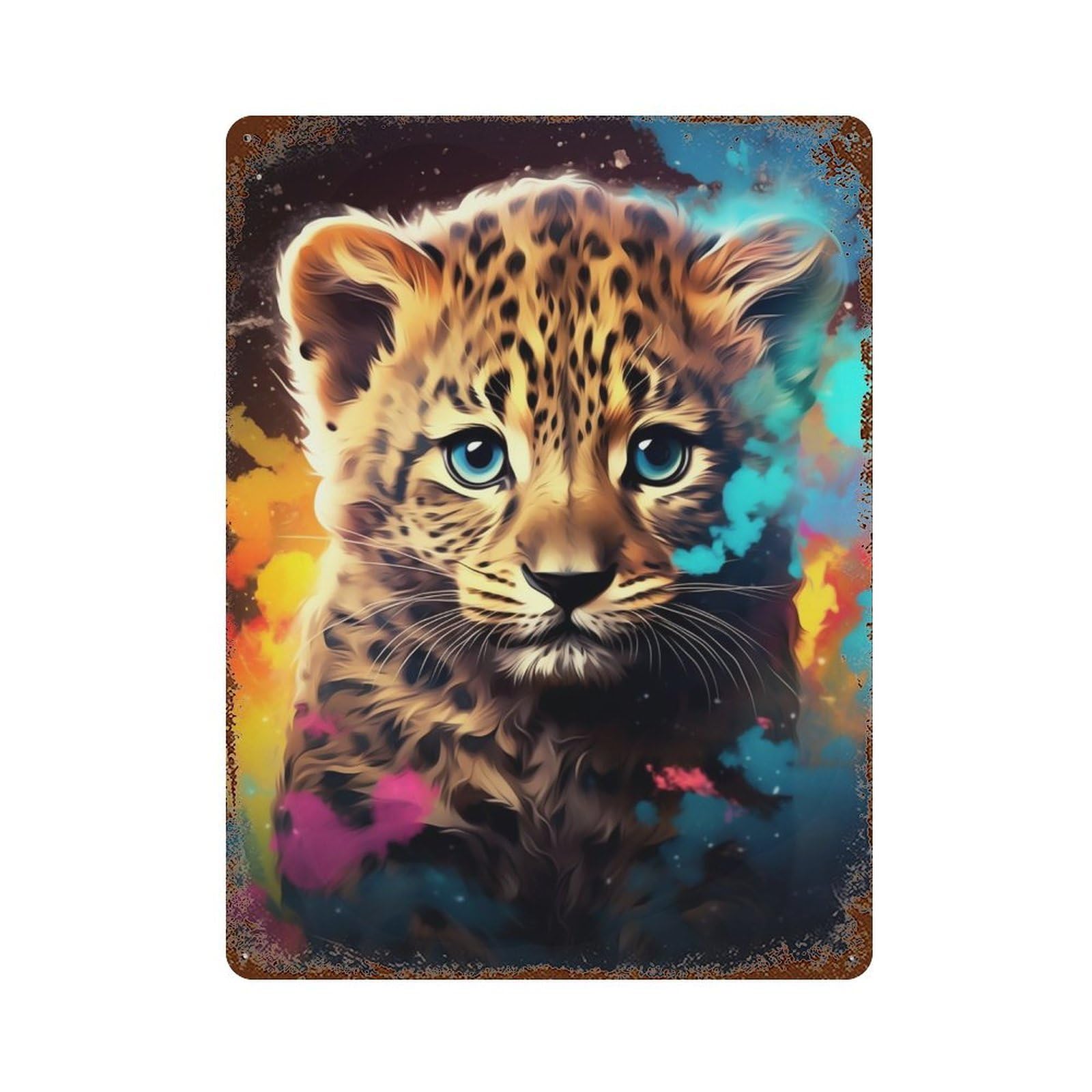 Leopard Cub with Blue Eyes 15.7"x11.8" Vintage Rust Metal Sign, Decorative Metal Wall Art for Bistro, Counter And Cafe Decor