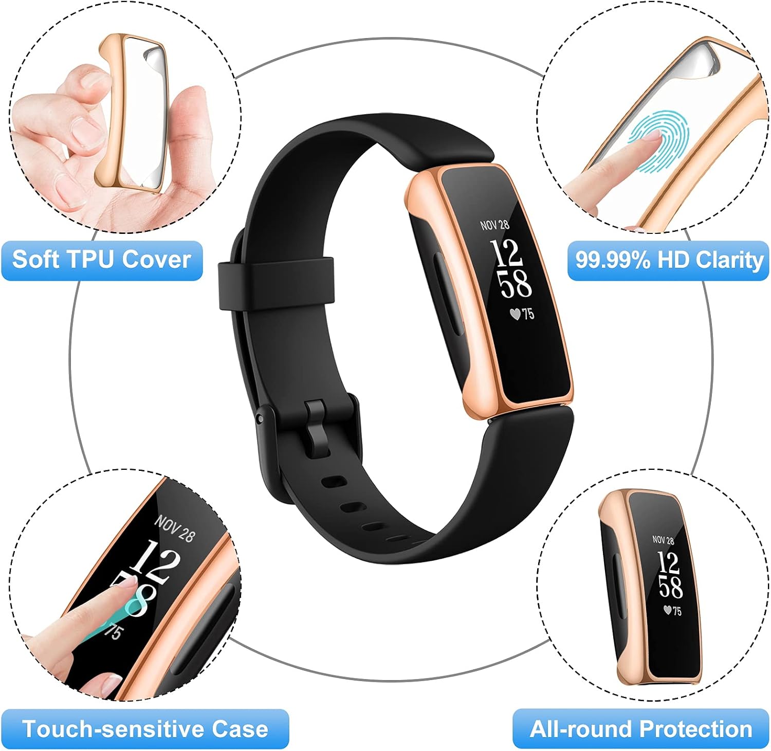 NANW 4-Pack Screen Protector Compatible with Fitbit Inspire 2 (Not for Inspire/Inspire HR), Overall Protective TPU Plated Case, HD Clear Ultra-Thin Plated Bumper Shell for Inspire 2 Smart Watch