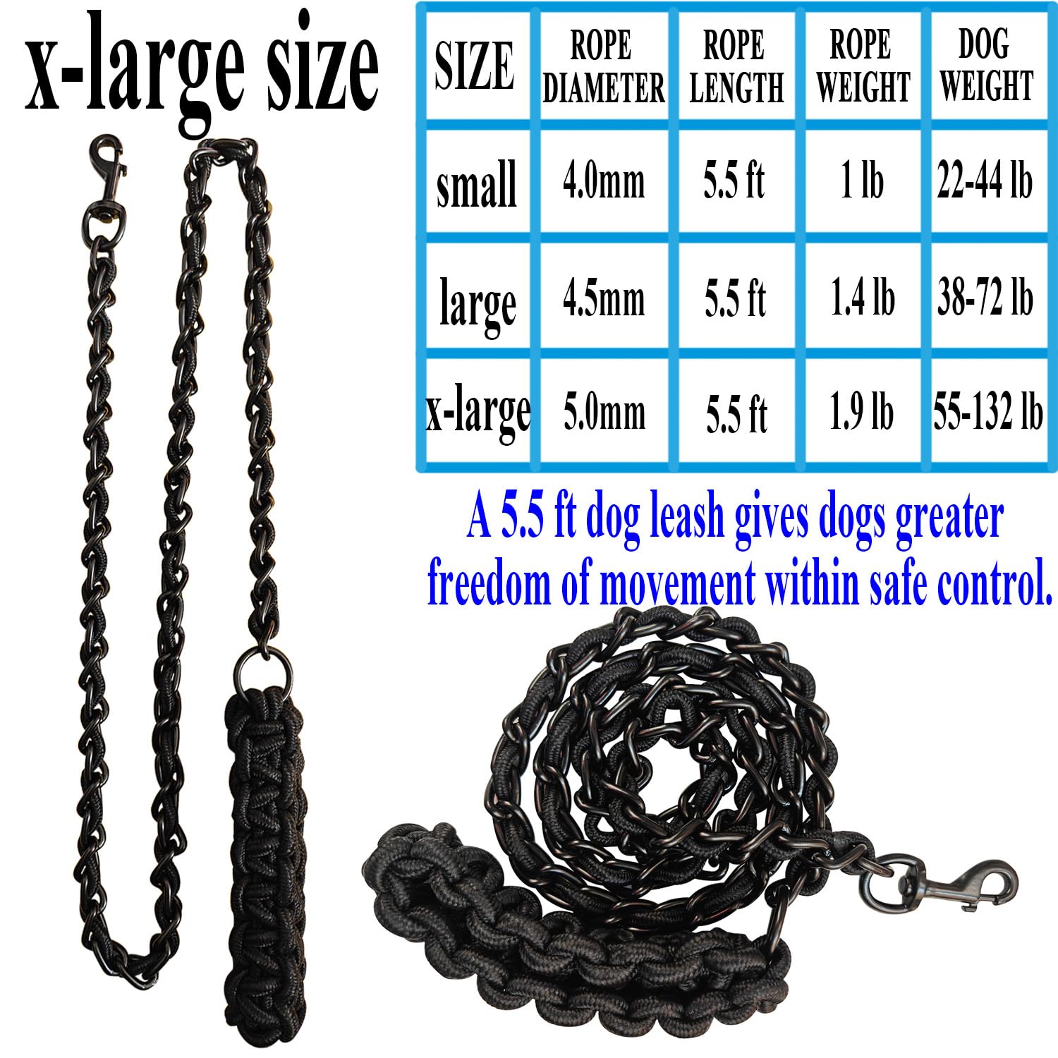 Dog lead Dog Leash Chain Metal Dog Rope Pet Collar Set Strong Heavy Duty Anti Bite 360 Hook for Medium and Large Dogs Training Walking (Black - Image 3