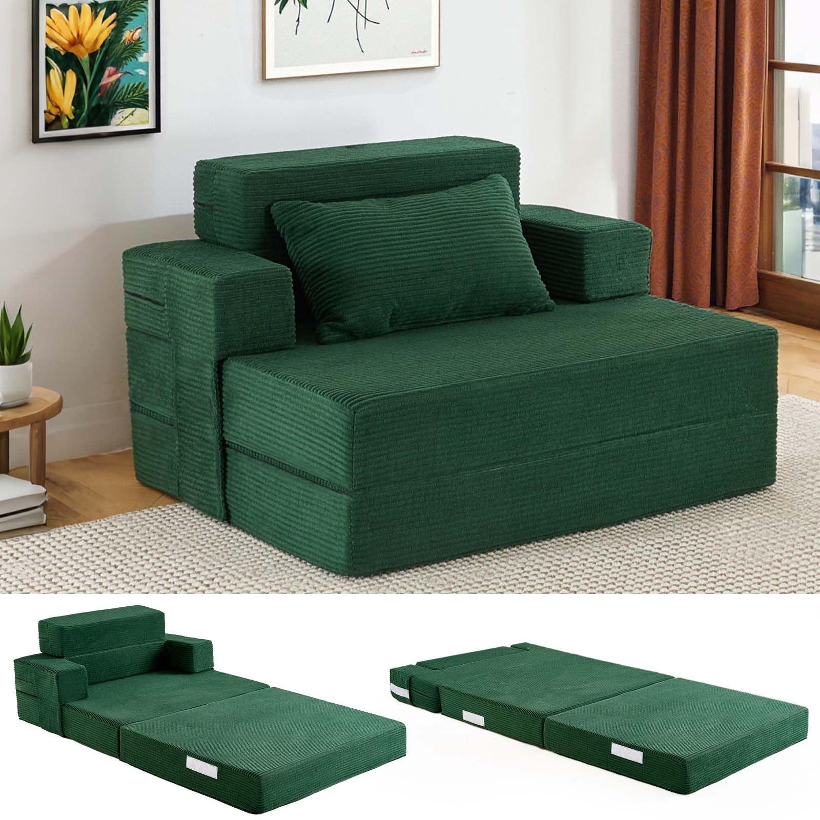 Folding Sofa Bed Single – Convertible Chair Bed with Pillow & Armrests, Foldable Futon Mattress with Back Support, Boneless Sofa Bed for Living Room and Bedroom, Dark Green