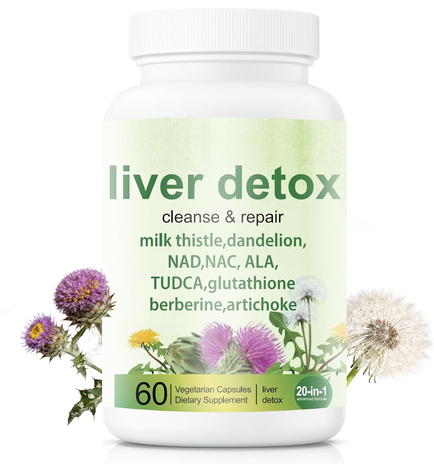 Liver Detox Capsules - 20-in-1 Herbal Formula with Milk Thistle, Dandelion, Turmeric & Artichoke Leaf for Liver Support and Digestive Balance - Non-GMO, Gluten-Free (60 Count)