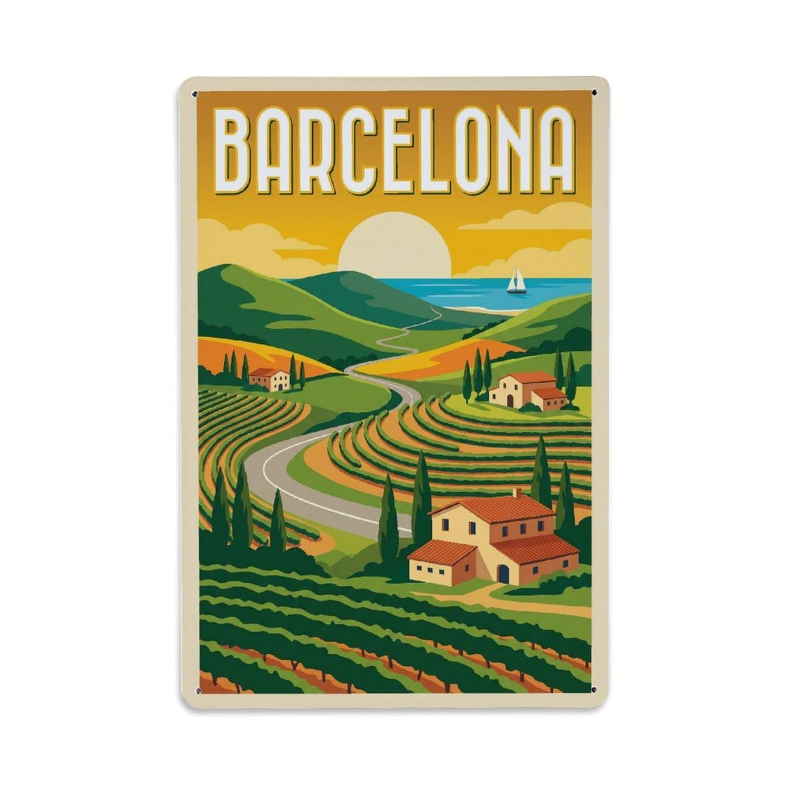 Fqnyr Style Vintage Travel Countryside Spain Rolling Metal Tin Sign Plaque Wall Decor For Cafe, Club Bar, Office, Home Garden Metal Poster 8X12inch