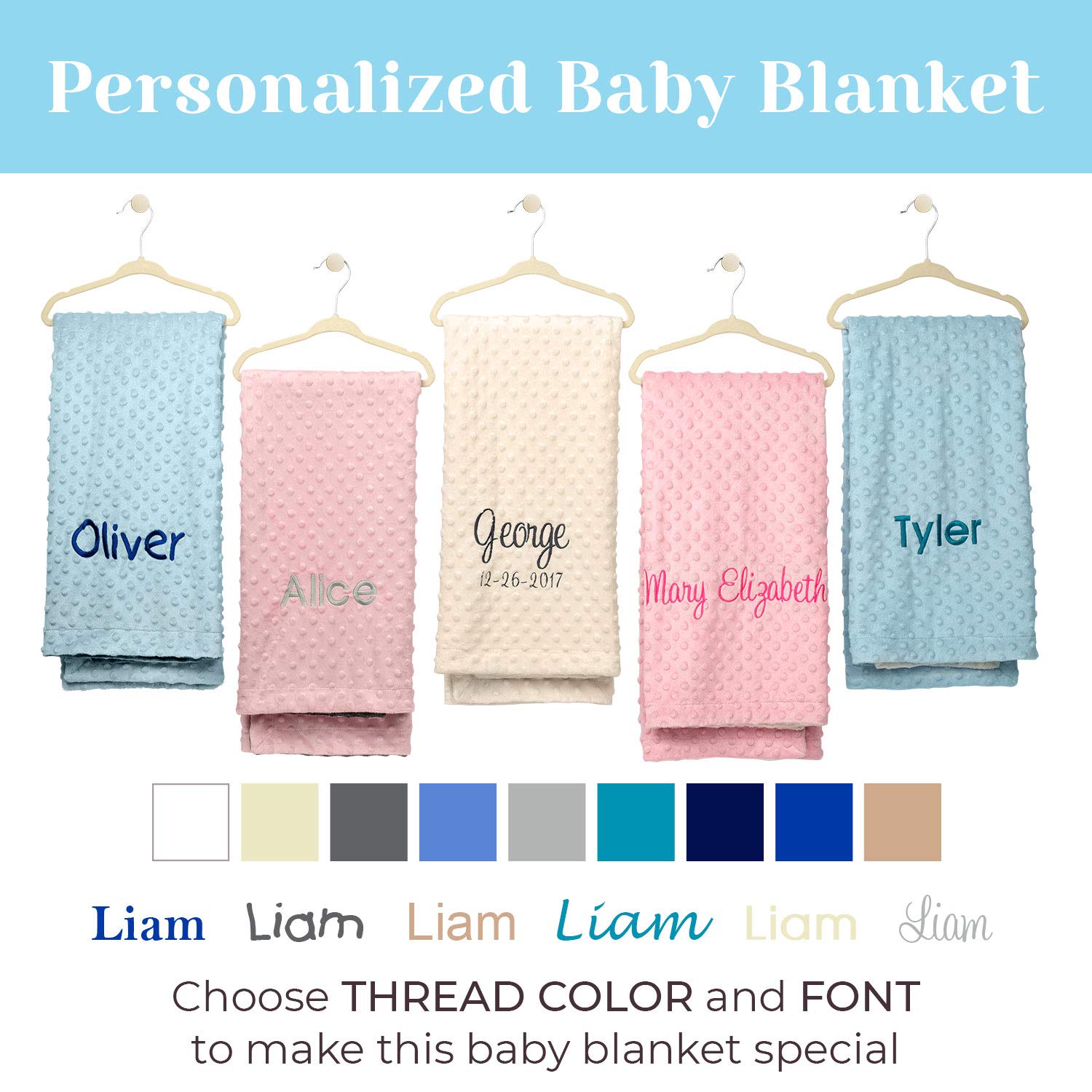 berry bebe Personalized Baby Blanket for Boys, Fast USA Shipping, Custom Baby Blankets, Personalized Gifts with Name, Plush and Cozy Blue Minky Dot, Gifts for Newborn, Newborn Essentials