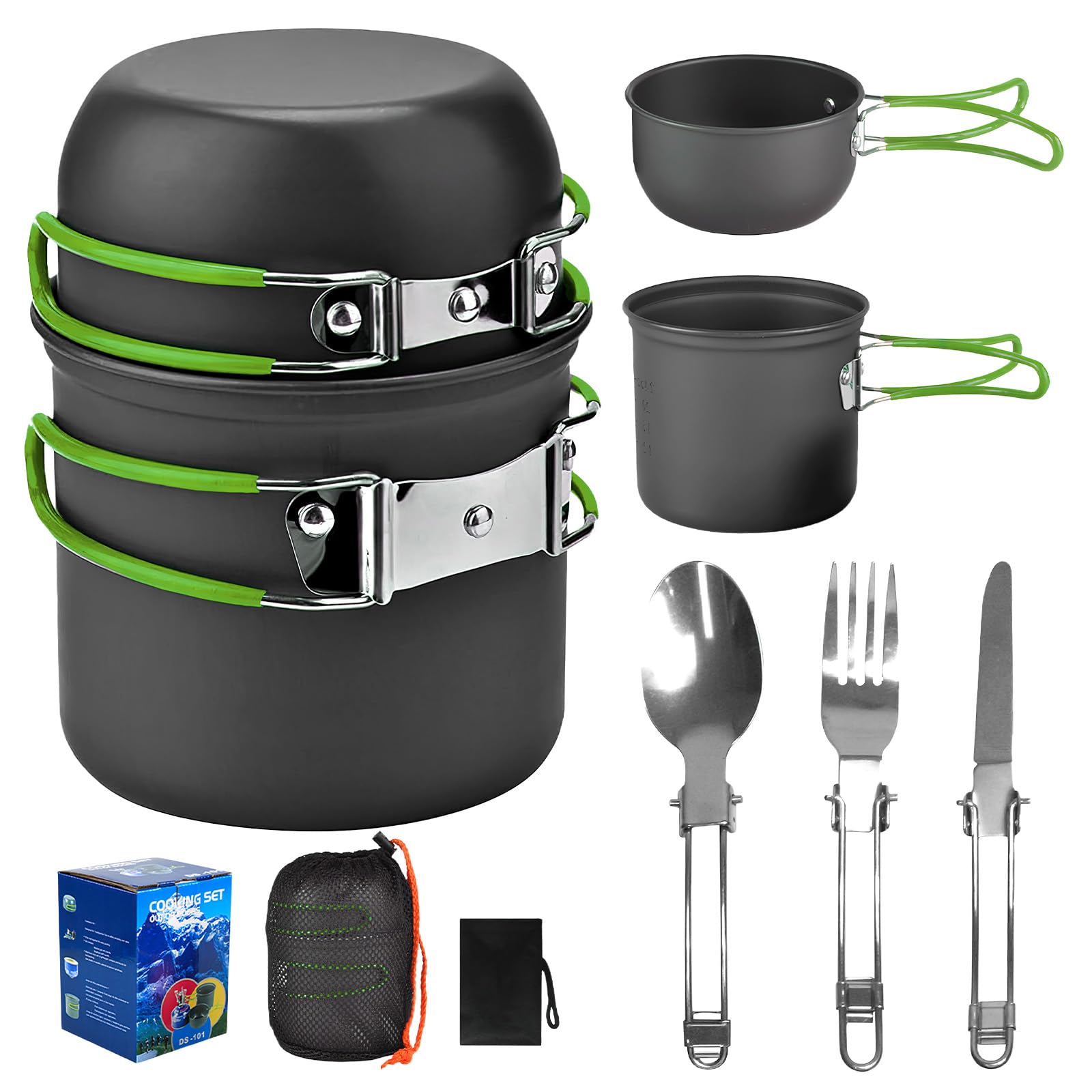 Pentola da Campeggio per Fuoco, Portatile Pentole Set, Utensili da Cucina da Campeggio, Fornello da Campeggio per 1-2 Persone, per Campeggio, Cucina All'Aperto, l'Escursionismo, Viaggi