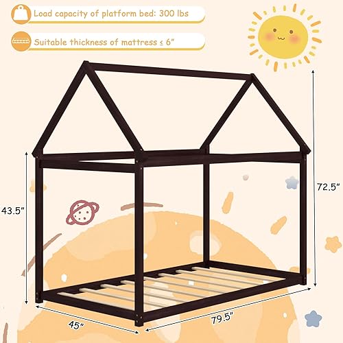 Miniatura 9 de KOMFOTT Marco de cama individual para niños, plataforma de madera maciza para niños con techo y múltiples listones, marco de cama para niños