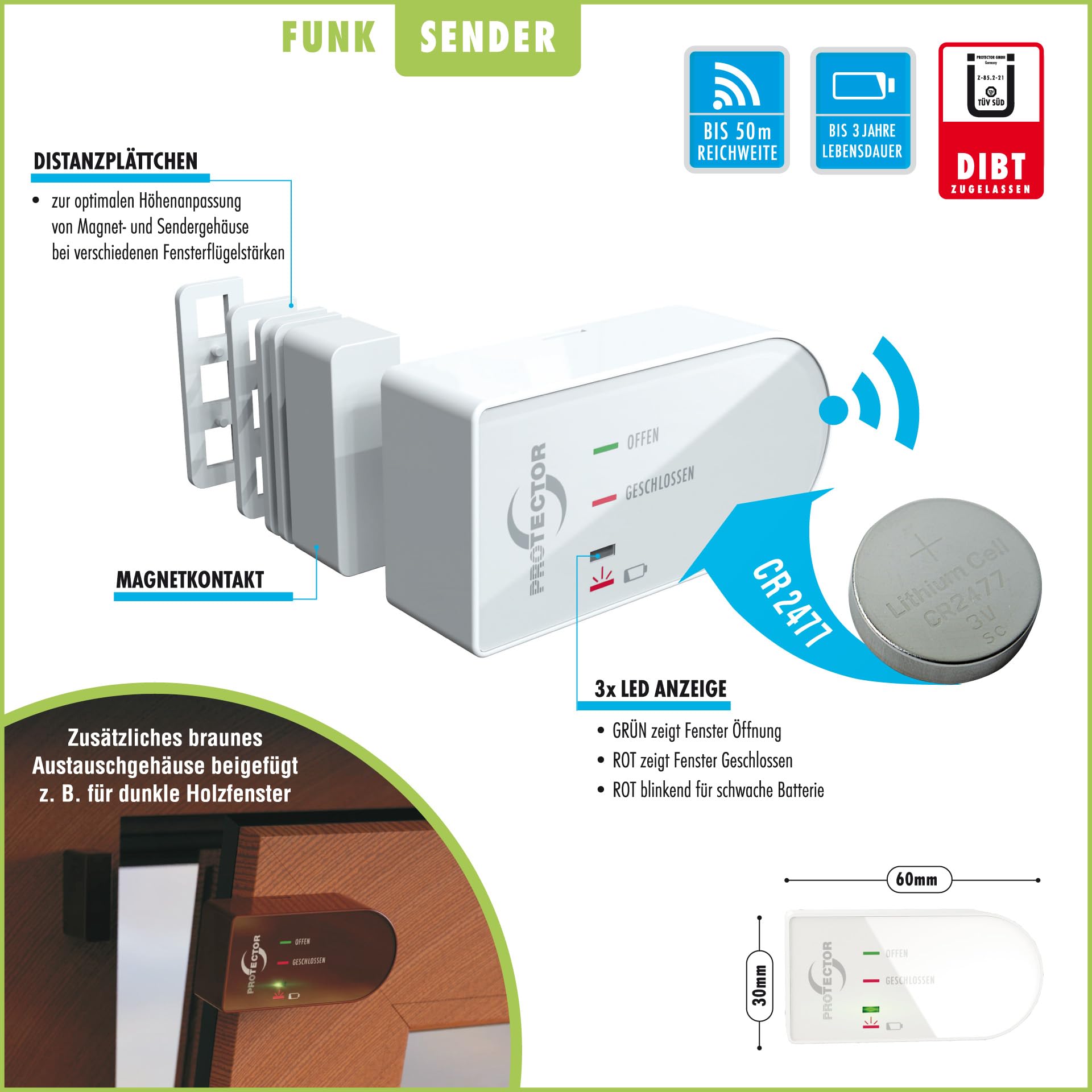 Protector AS-5120 Funk-Abluftsteuerung mit Mini Fensterkontaktschalter & Funksteckdose für Dunstabzugshaube & Kamin, Zuluftwächter, Fensterkontaktschalter Funk mit DIBT-Zulassung & Umstecksicherung