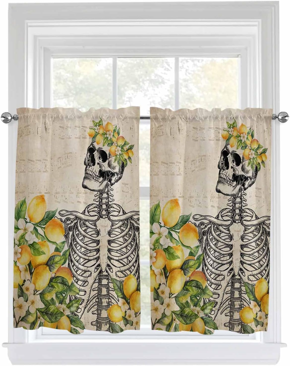 Kitchen Curtain 45 Inch Length, Vintage Skull Summer Lemon Watercolor Small Short Cafe Tiers Curtains Drape, 2 Panel Window Treatment Rod Pocket Drapery Panels Curtains 84x45