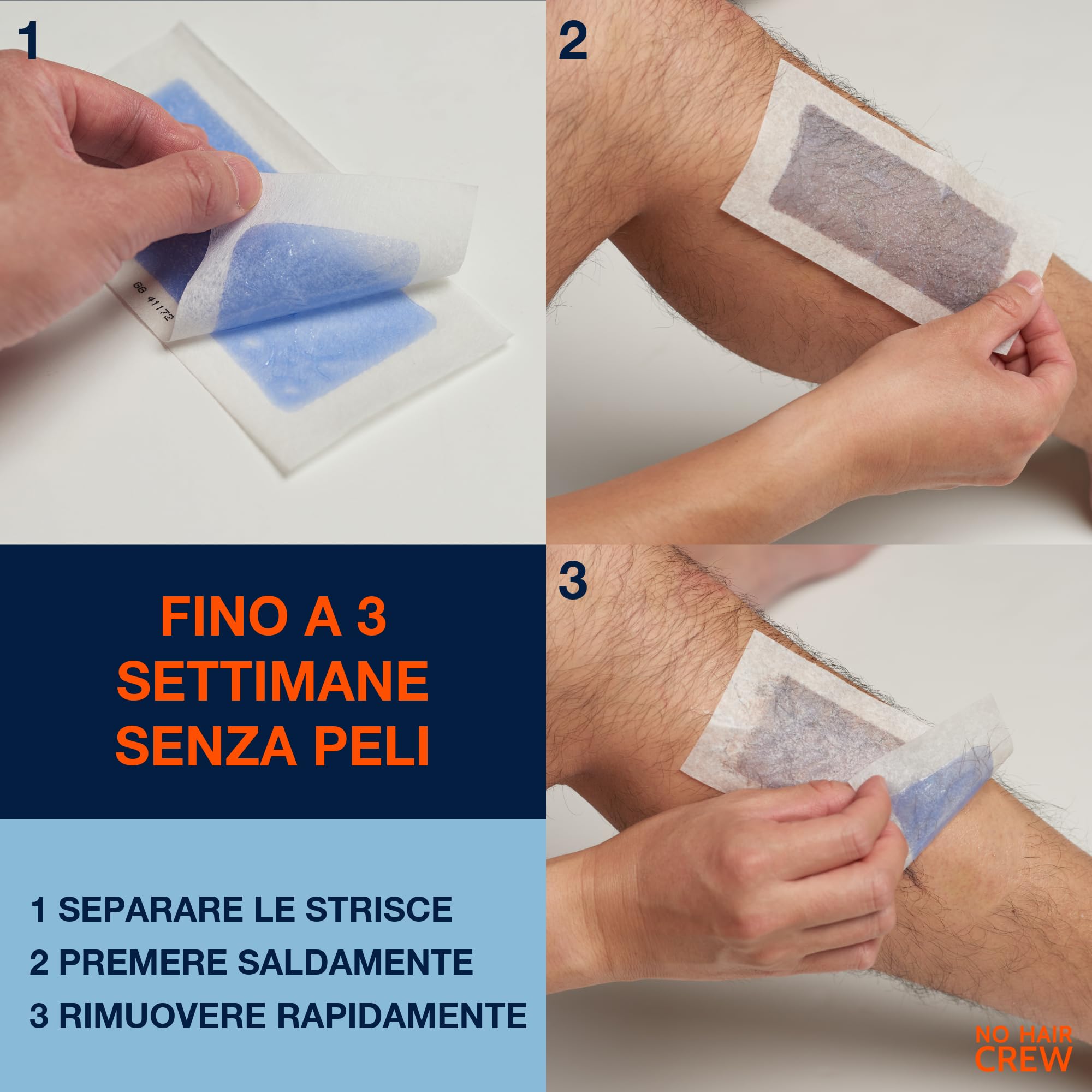 NO HAIR CREW Strisce Depilatorie Corpo Uomo Confezione da 3 (3 x 20 Strisce + Salviette Lenitive) – Depilazione a Lunga Durata