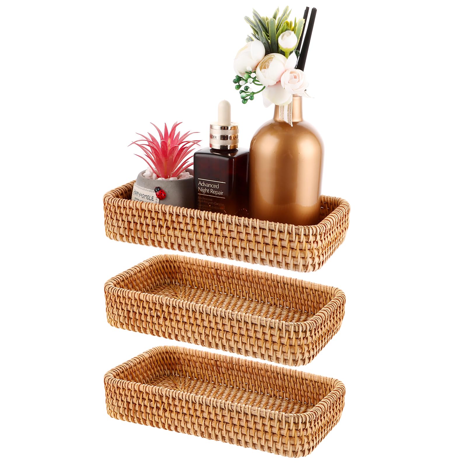 MIVIDE 3pcs Plateau de Service en Rotin, 21 x 11 x 4 cm Plateaux de Service Rectangulaire, Plateau de Salle de Bain Tissé pour Le Rangement, Décoratif
