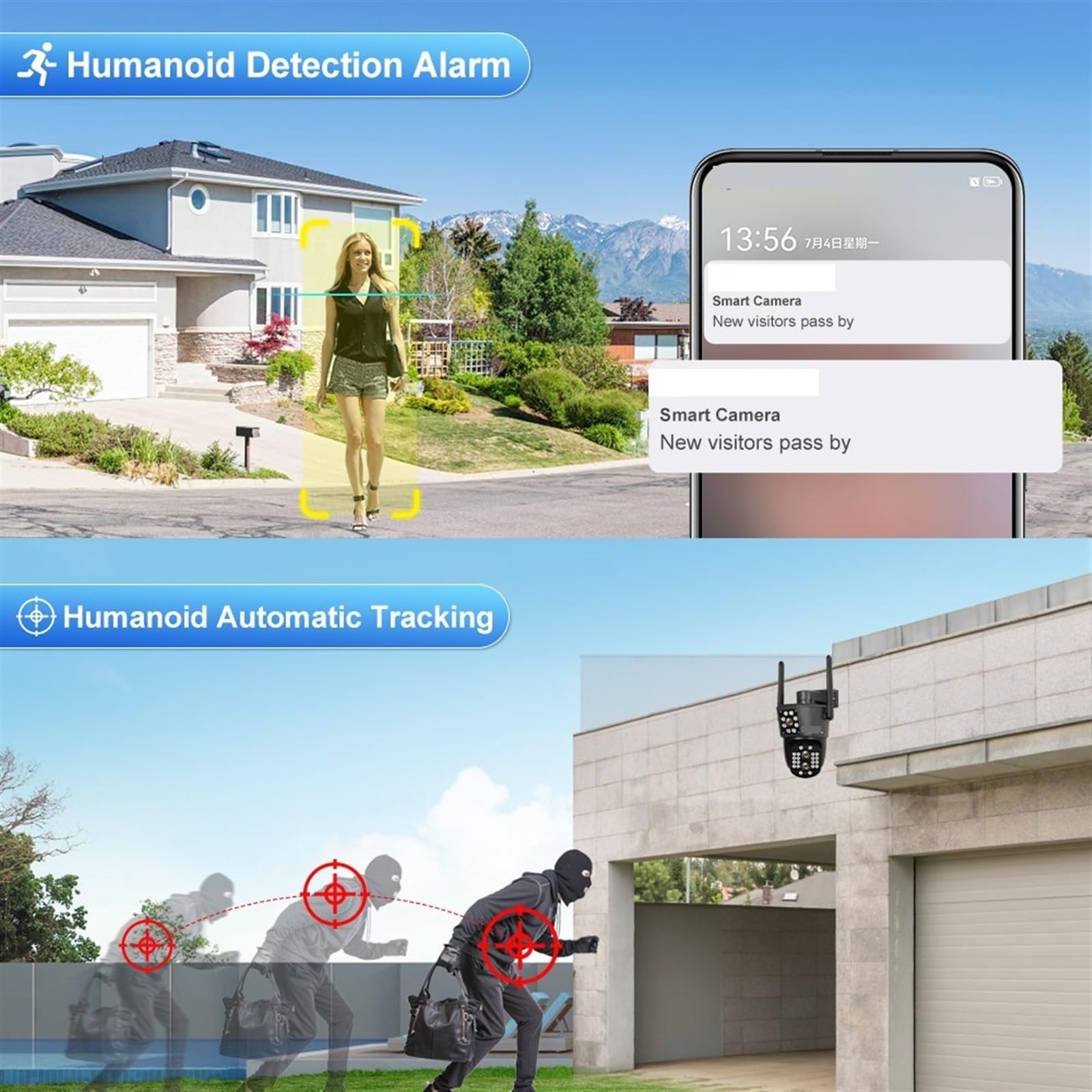 Telecamera di sicurezza a doppio schermo 4K esterna da 8MP Tre lenti PTZ Zoom ottico 10X CCTV impermeabile con tracciamento automatico Installazione semplice(WIFI 8MP Add 32GB)