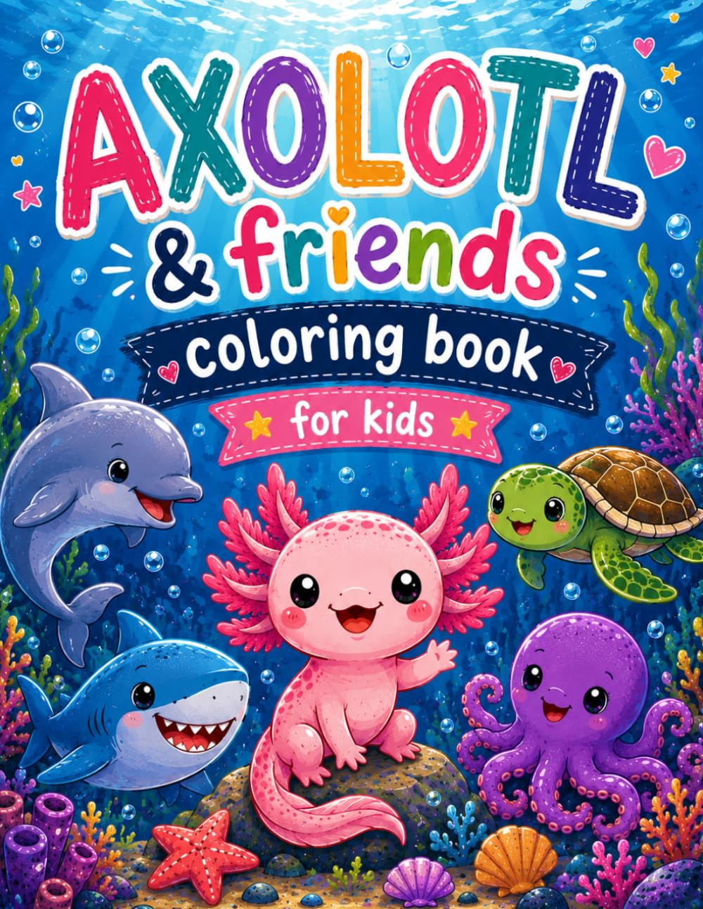 Axolotl & Friends Coloring Book for Kids: Cute Underwater Adventures with Axolotls, Dolphins, Turtles, Octopuses, Sharks, and More Fun Ocean Friends