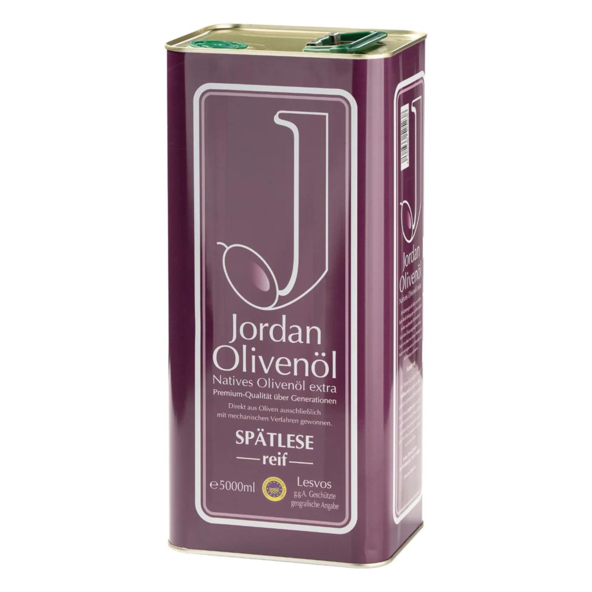 Jordan Olivenöl, Natives Olivenöl Extra, Spätlese reif, Kanister 5 L | Mild-fruchtiges kaltextrahiertes Olivenöl von der Insel Lesbos, Sorten Adramitiani & Kolovi, traditionelle Handernte