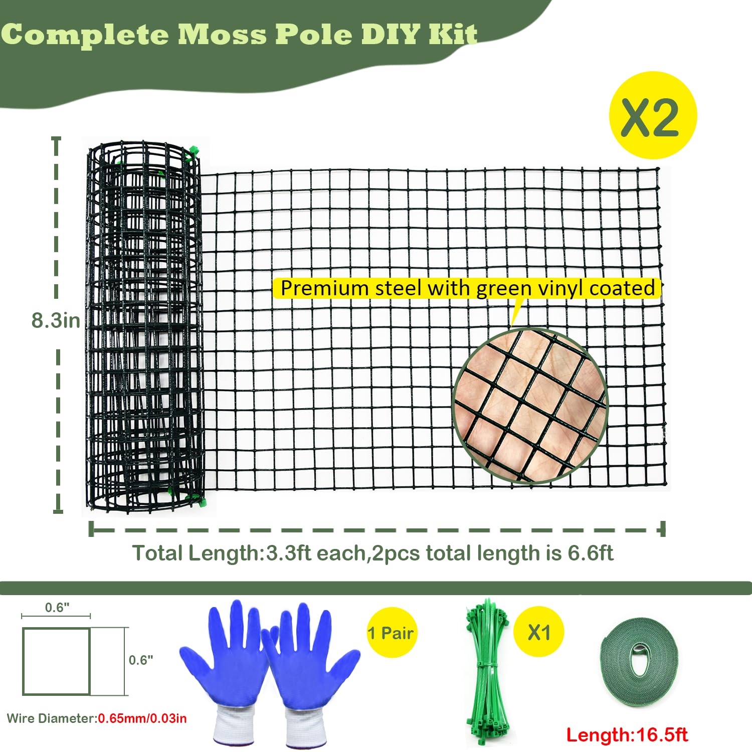 Kit de Bricolage de mât en Mousse métallique pour Plantes Monstera, 2 pièces en Maille métallique de 21 cm x 9 m avec Attaches autobloquantes, 4 poteaux en Mousse sphaigne de 50,8 cm (Grillage
