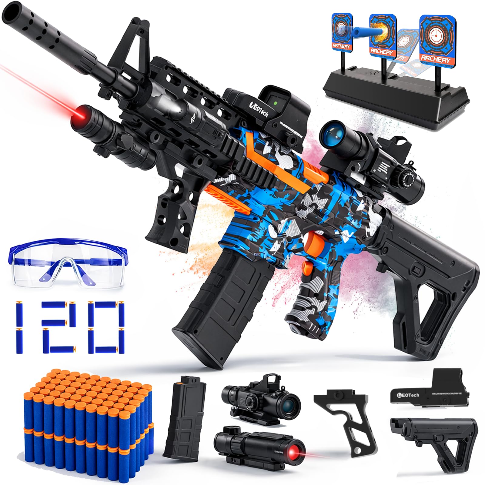 Automatic Toy Foam Blaster Sniper with Scope, Electric Toy Gun Dart Blaster with 120 Darts for Guns, IR, Flashlight, GDS, Goggles, Air Bombs Technology Outdoor Shooting Game Kids Toys for 8-12 -Blue