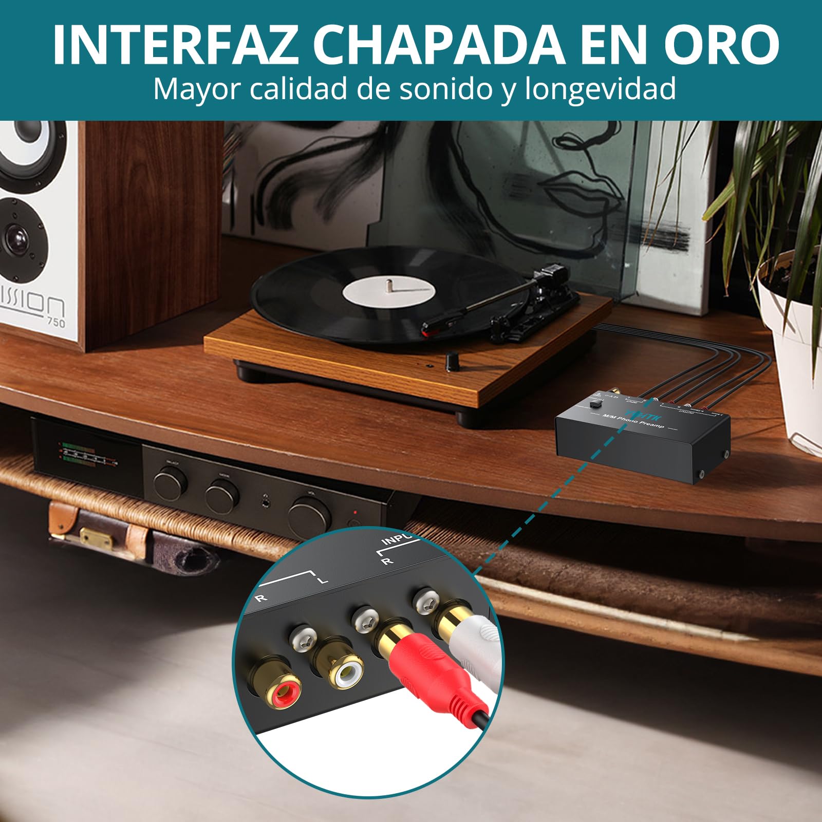 Preamplificador de Fono Ultracompacto Actualización de Chips con Bajo Nivel de Ruido para Tocadiscos MM, Entrada RCA, Salida RCA 3.5mm/6.35mm TRS para Altavoces Computadora