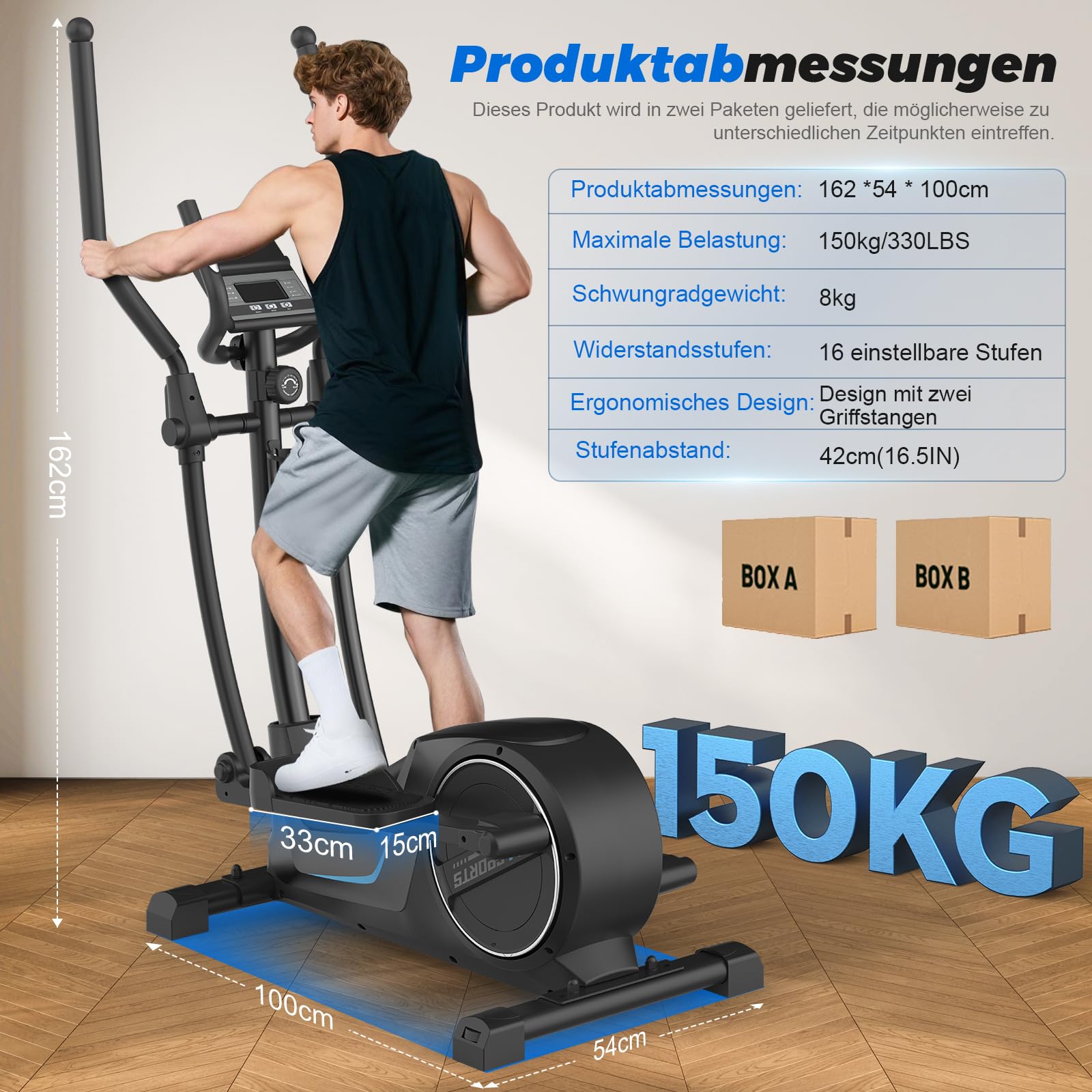 Crosstrainer, 3-in-1 Ultraleiser Crosstrainers mit 16 Widerstandsstufen, 8 kg Schwungrad, 16,5 Zoll Schrittlänge, LCD-Display, Belastbar Bis 150 kg, Ellipsentrainer für Zuhause
