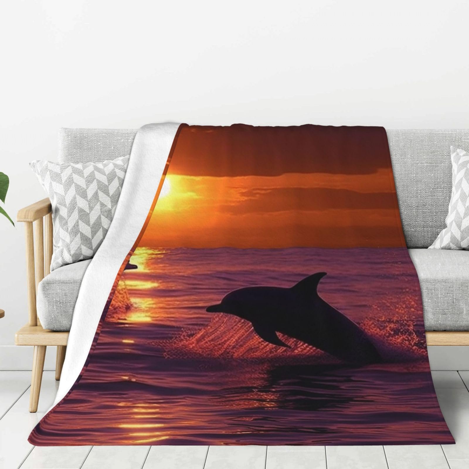 Sunset Dolphins Throw Blanket Plush Flannel Fleece Blanket, Soft Lightweight Cozy Blankets 40"X30" for Bed Couch Sofa Travel