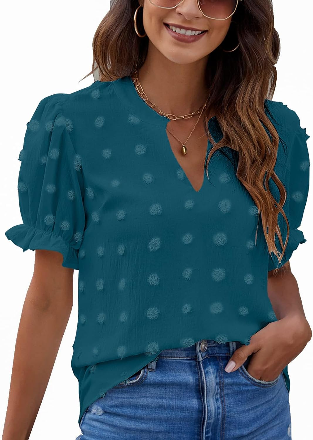 Blooming Jelly Womens Puff Sleeve Summer Tops Chiffon Short Sleeve Blouses White V Neck Pom Pom Shirts Blooming Jelly Womens Puff Sleeve Summer Tops Chiffon Short Sleeve Blouses White V Neck Pom Pom Shirts