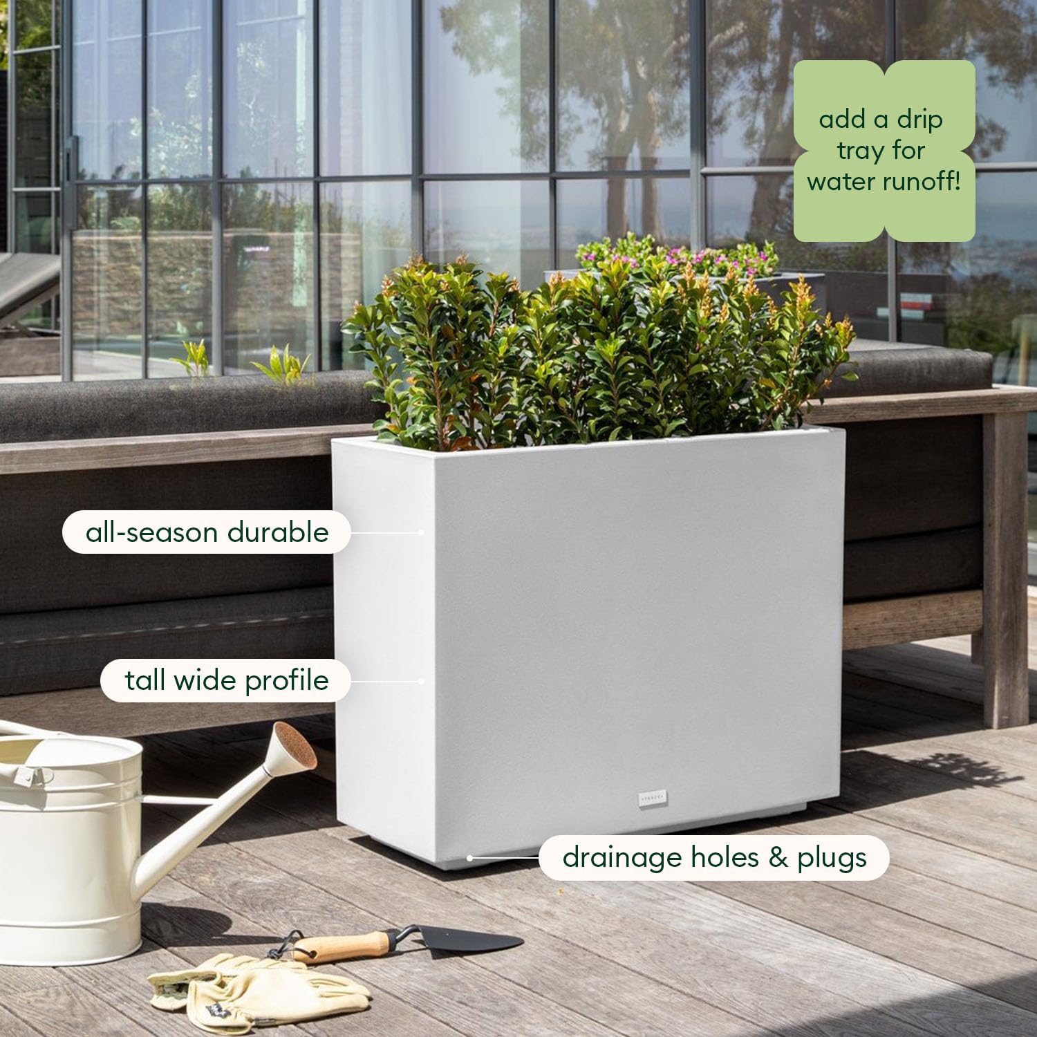 Veradek Block Series Span Plastic Planter - Tall Rectangular Planter for Indoor or Outdoor Patio/Porch | Durable All-Weather with Removable Insert Bucket | Modern Design for Plants, Flowers, Garden: White Medium