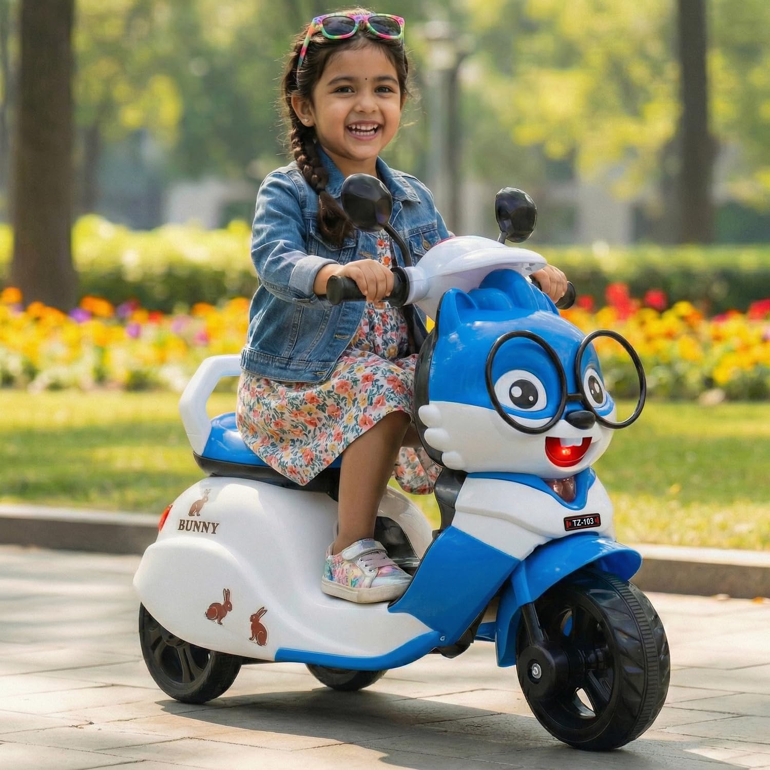 Toyzone Bunny Electric Scooter - Blue | Rechargeable Scooty 6V | Powered by 4.5 ah Battery | Music Player with Bluetoooth & USB | 6 Month Warranty on Battery | Make in India | for Kids 2+ Years