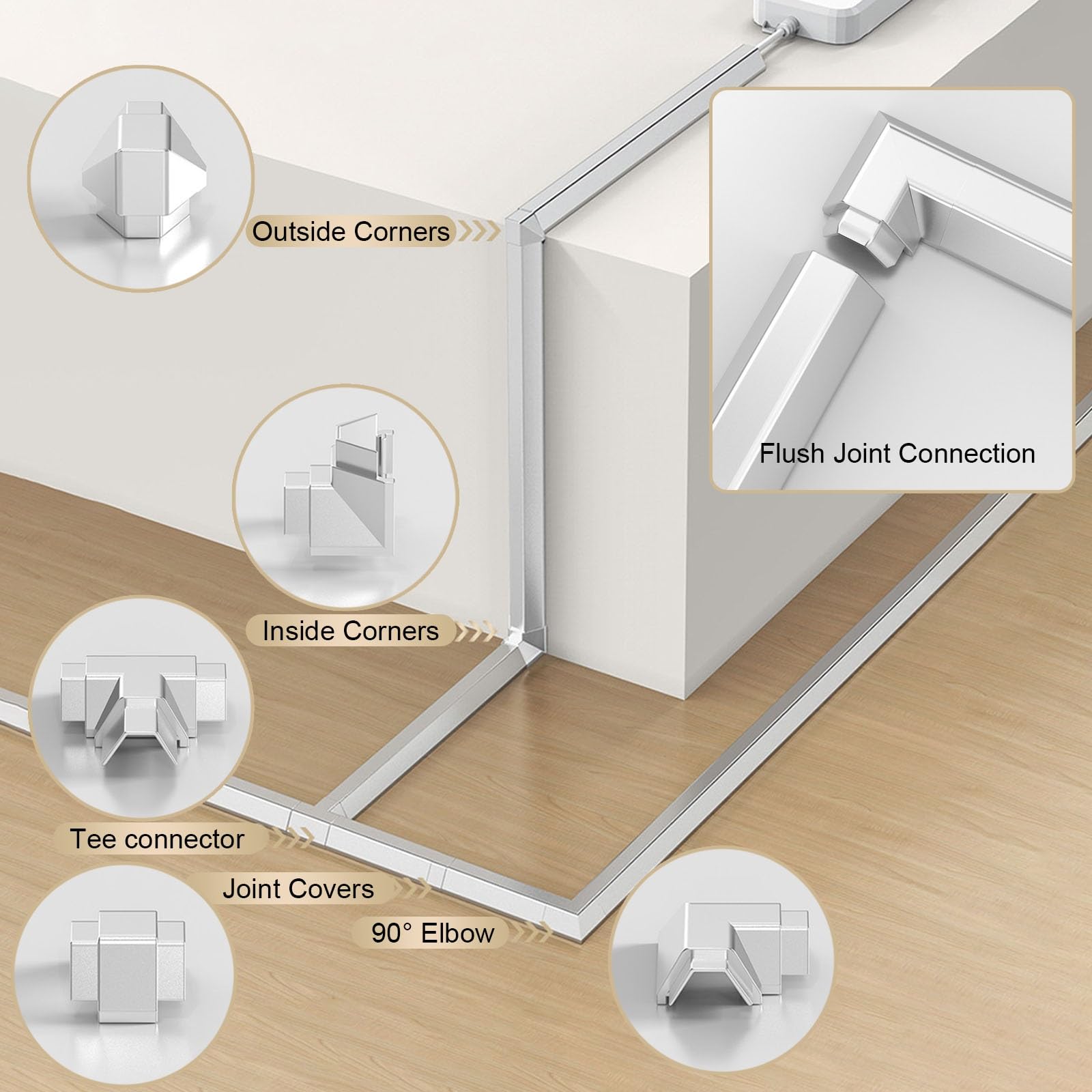 Passacavi Canalina Copricavi A Scatto Autoadesiva Color Argento per Garage E Officina – Adatta per Cavi di Varie Dimensioni(1 Cables,L 1.5m/59in/4.9ft)