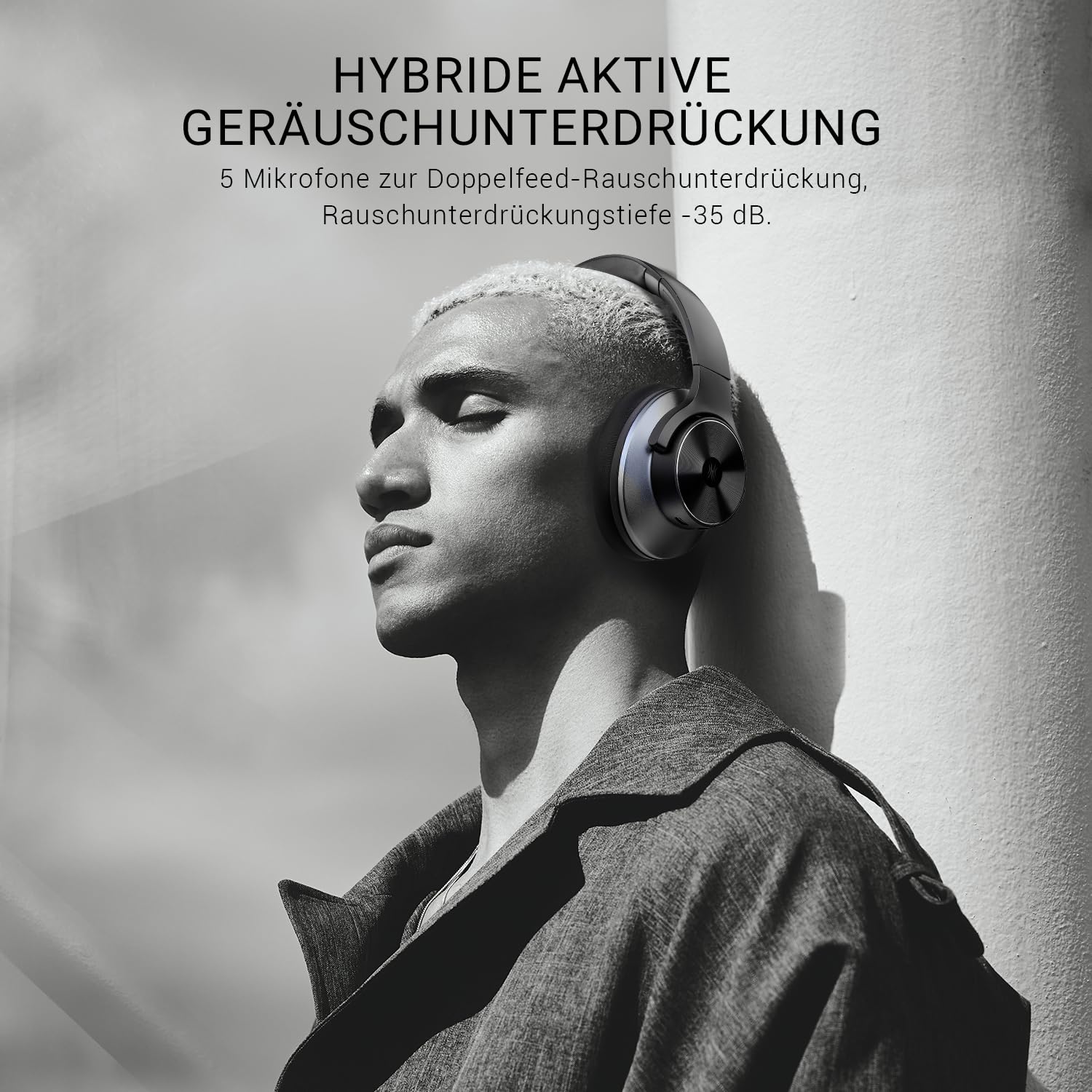 OneOdio A10 Bluetooth Kopfhörer Over Ear mit Hybrid Active Noise Cancelling [Bis zu 62 Std] Kabellos Kopfhörer im Hi-Res Audio, Tiefer Bass, Mikrofon für Reisen, Zuhause, Büro (Schwarz)