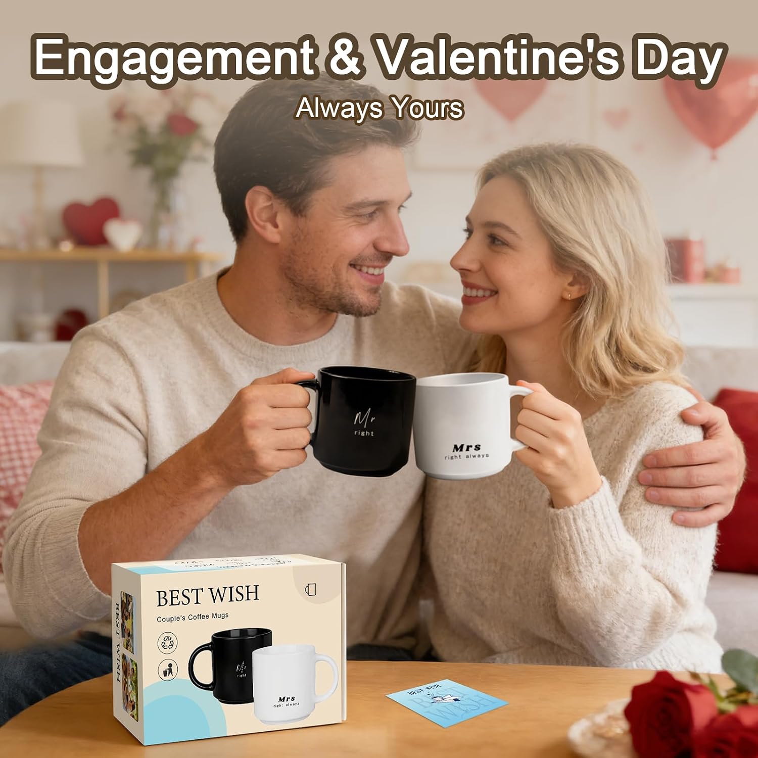Mr Right & Mrs Always Right Couple Mugs Set – 12 oz Ceramic Coffee Cups for Newlyweds, Engagement, Anniversary – Funny Wedding Gift for Husband & Wife, Dishwasher & Microwave Safe