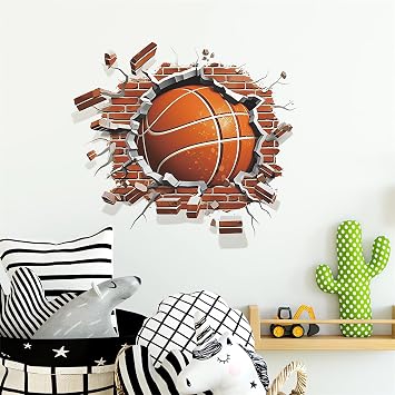 Broken Wall Basketball Wall Stickers 3D Sport Wall Art Decals | breakaway faux brick Removable Vinyl Peel and Stick for Teens Boys Kids Room Bedroom Nursery Playroom Home Decor