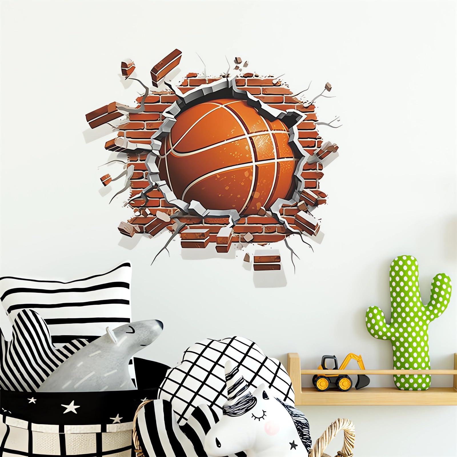 Broken Wall Basketball Wall Stickers, sacinora 3D Sport Wall Decals Brickyard Removable Vinyl Peel and Stick for Kids Teens Boys Bedroom Nursery