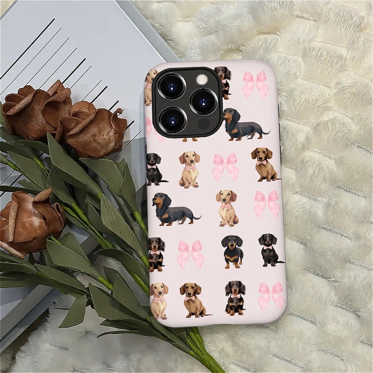 Compatible with iPhone 16 Pro Max Case, Dachshund Pink Bow Pattern Print Matte Phone Case Durable Fashion Funny Liquid Silicone Case Soft Anti-Scratch Shockproof Protective Cover - Image 5