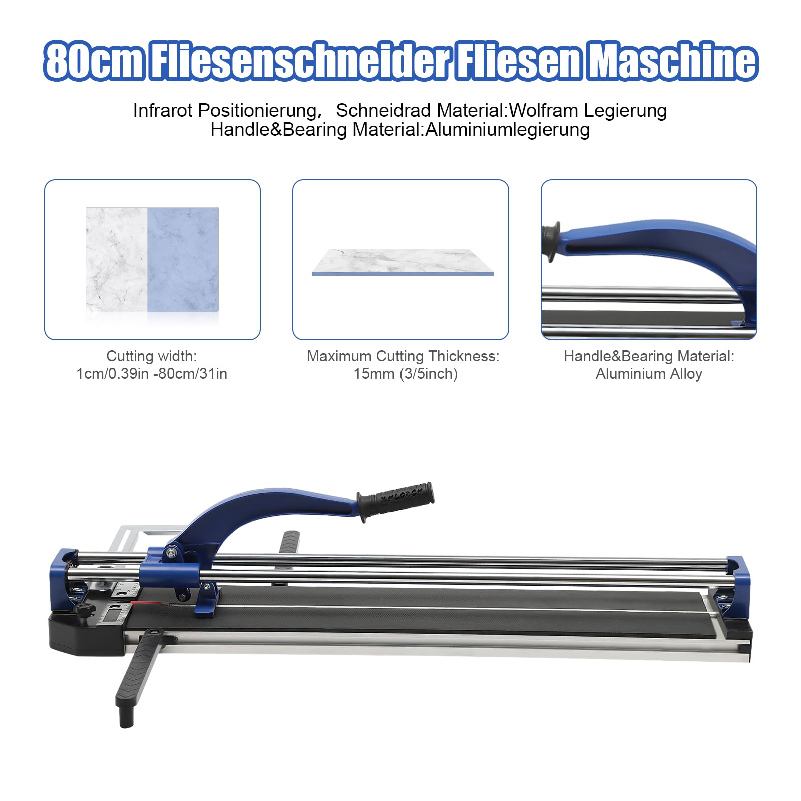 Professionele tegelsnijder 800 mm dubbele rails, tegelsnijmachine met precisie infrarood positionering, 15 mm snijdikte|Gereedschap voor precisiesnijden (blauw