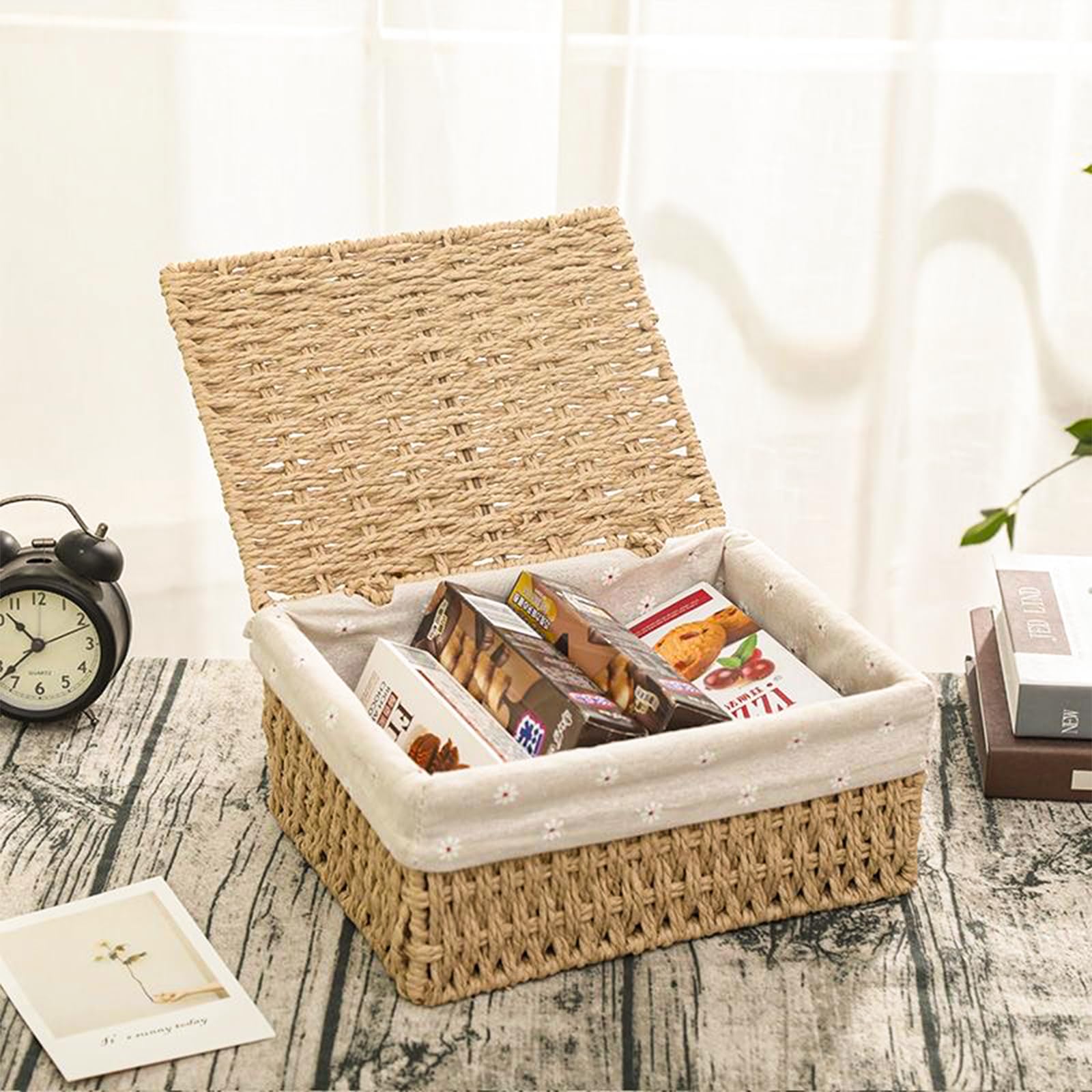 Zestaw 3 Koszyków do Przechowywania z Pokrywką – Koszyki Pleciony z Liny Papierowej, Boho Decor, 3 Rozmiary (Mały, Średni, Duży), Idealne do Łazienki, Salonu i Sypialni
