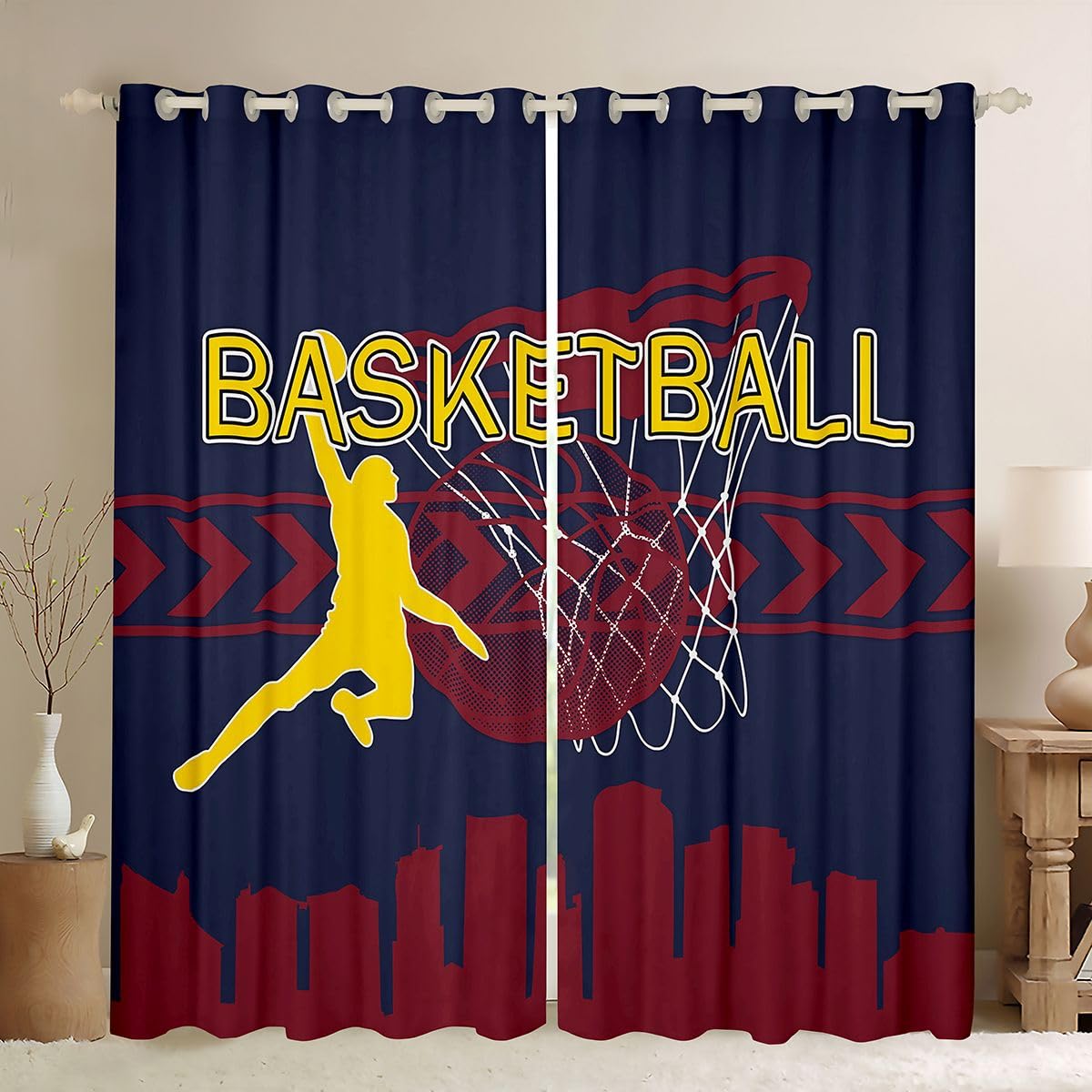 Manfei Juego de 2 cortinas de baloncesto para ventana, diseño de silueta de ciudad americana, cortinas deportivas de moda para niños, adultos, niños, adolescentes, dormitorio juvenil, 66 pulgadas de