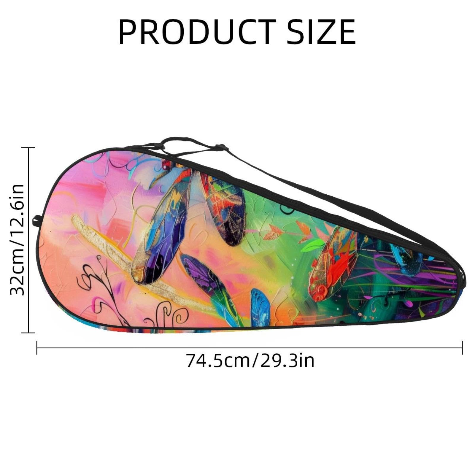 Borsa leggera con libellule colorate su sfondo nero per racchette da tennis, con tracolla regolabile