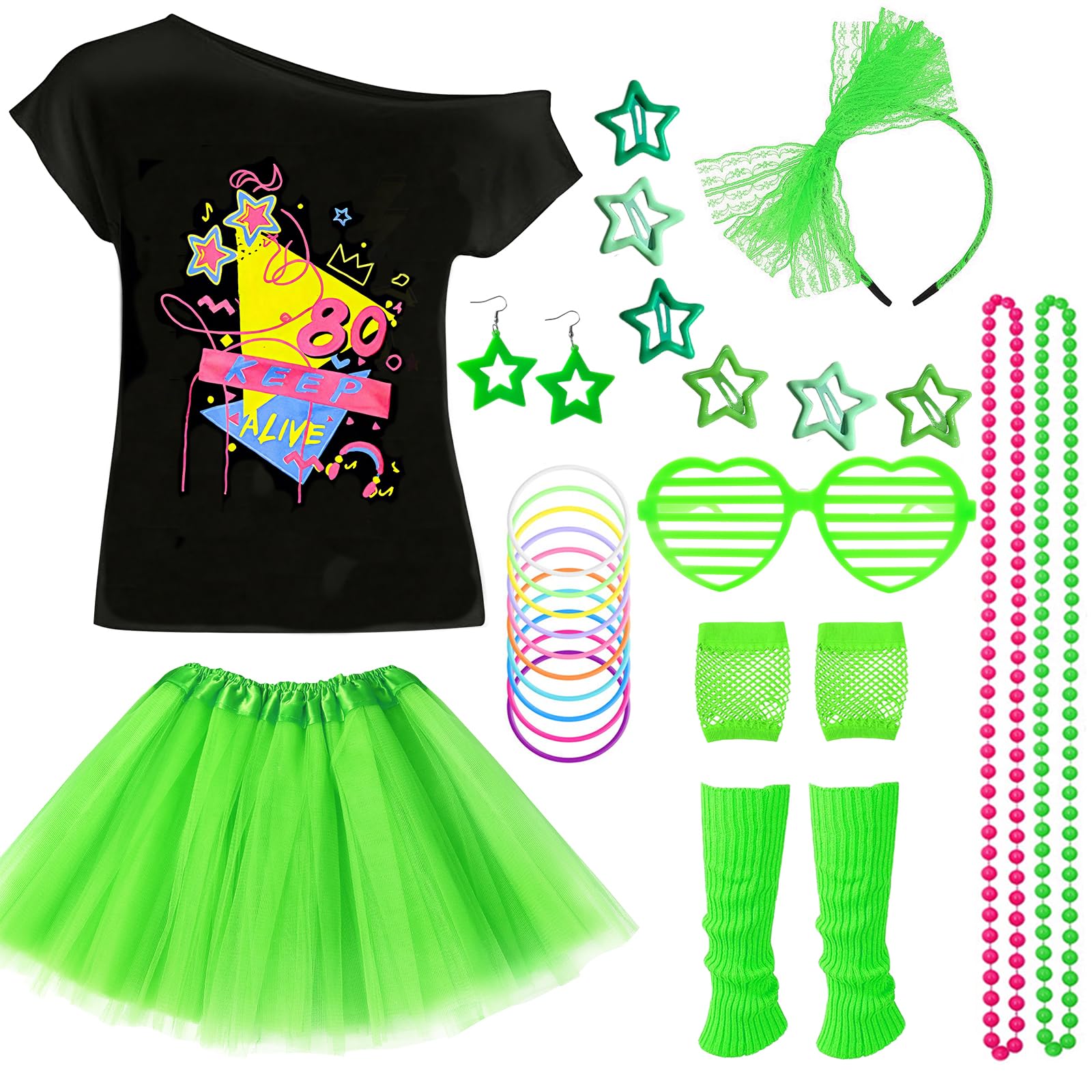 80s Costume Accessories Set for Girls, Fancy Dress Neon Party Outfit with T-shirt Tutu Skirt Fishnet Gloves Leg Warmers Earrings Bracelets Necklaces Hairpins Glasses Headband for Retro Party Cosplay