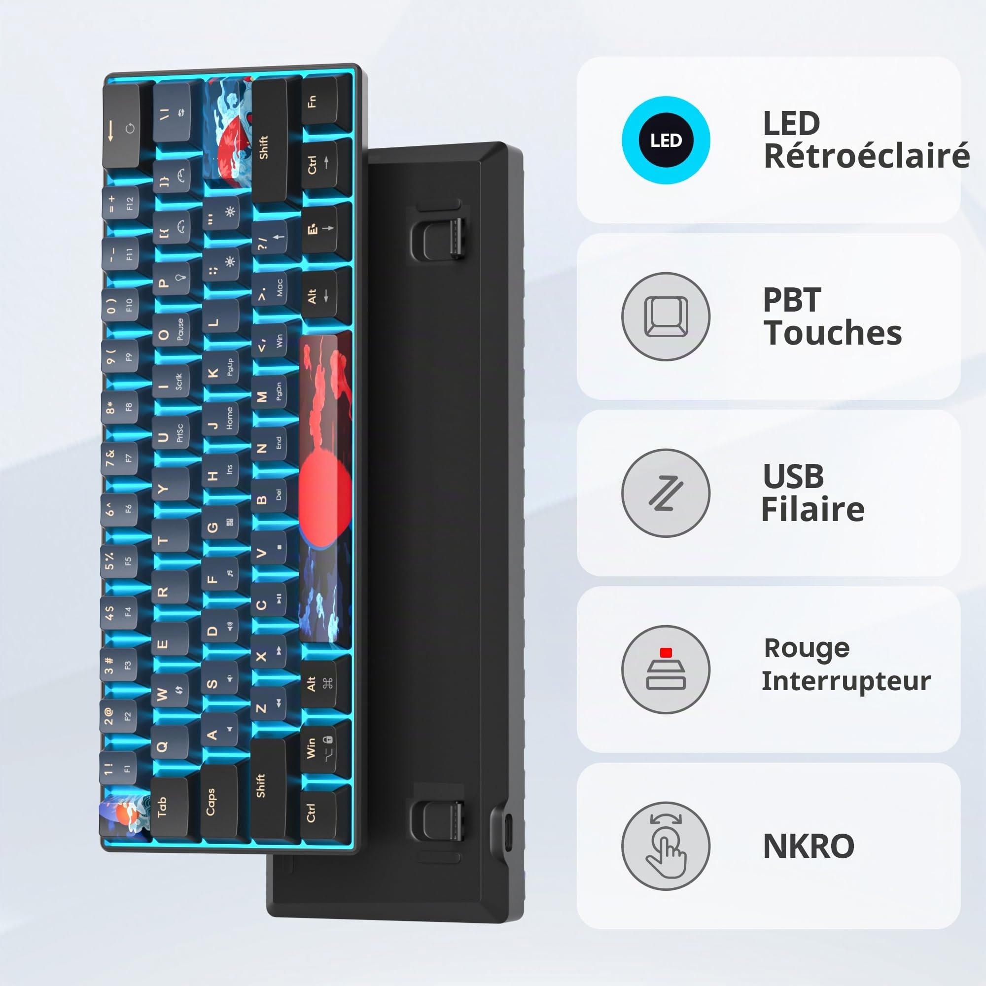 Clavier Gamer Mécanique 60%，Clavier 60 pourcent Filaire Gaming de Jeu Switchs Red, QWERTY American, LED Rétroéclairé, Mini 60% Claviers Gaming pour PC