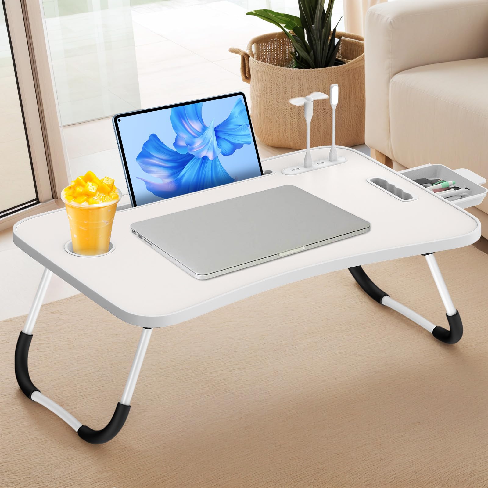 Huracan Tavolino da Letto, Tavolo Laptop Vassoio da Letto Pieghevole con 3 Interfaccia USB, Cassetto, Slot per Tazza, scrivania da letto, tavolo da letto pc per Divano, Pavimento, Mangiare (Bianco)