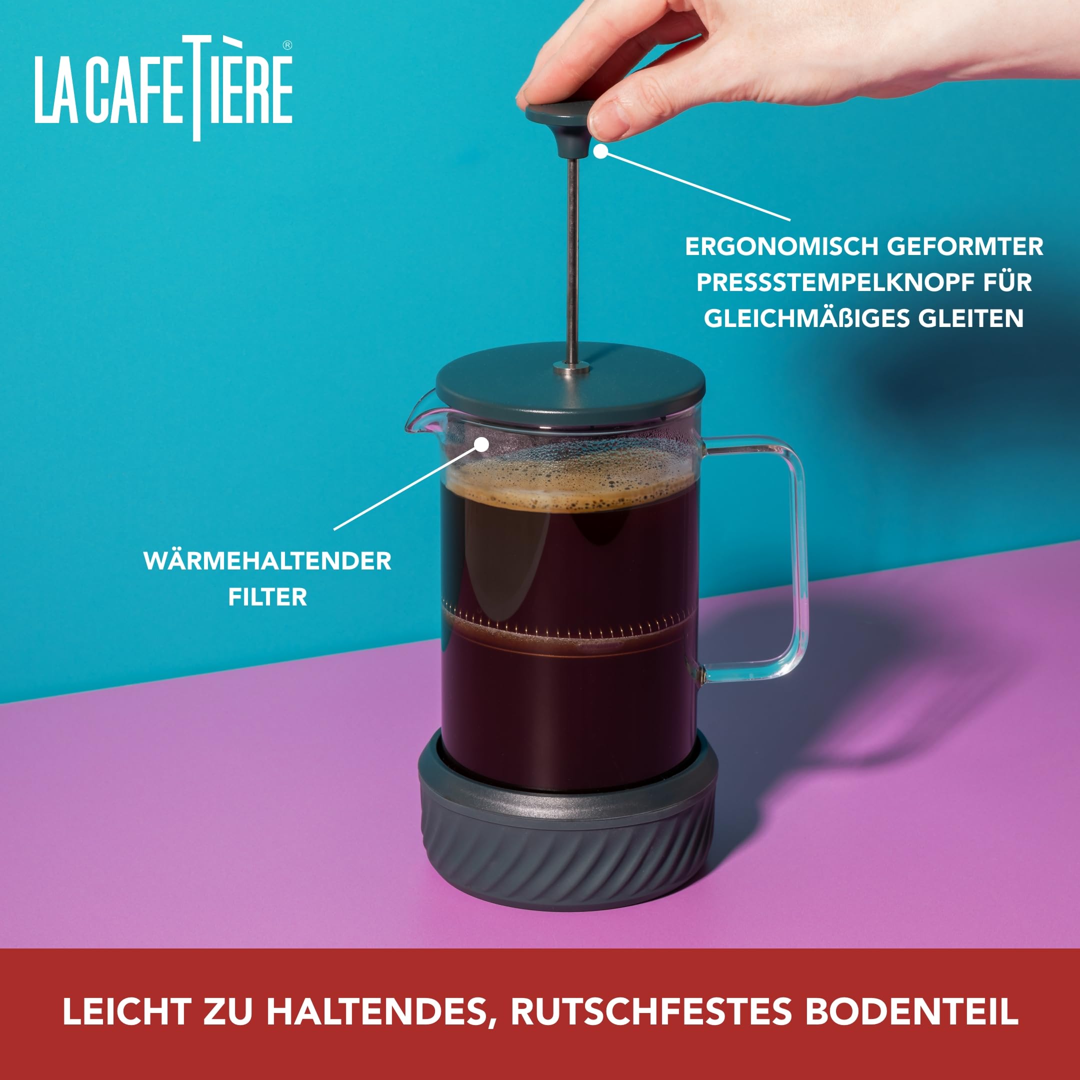 La Cafetière 'Zero' 8 Tassen Cafetière, grüner Edelstahl No Mess French Press mit Borosilikatglasbecher, abnehmbarer Boden zur Kaffeesatzentsorgung, in Geschenkverpackung, 1L