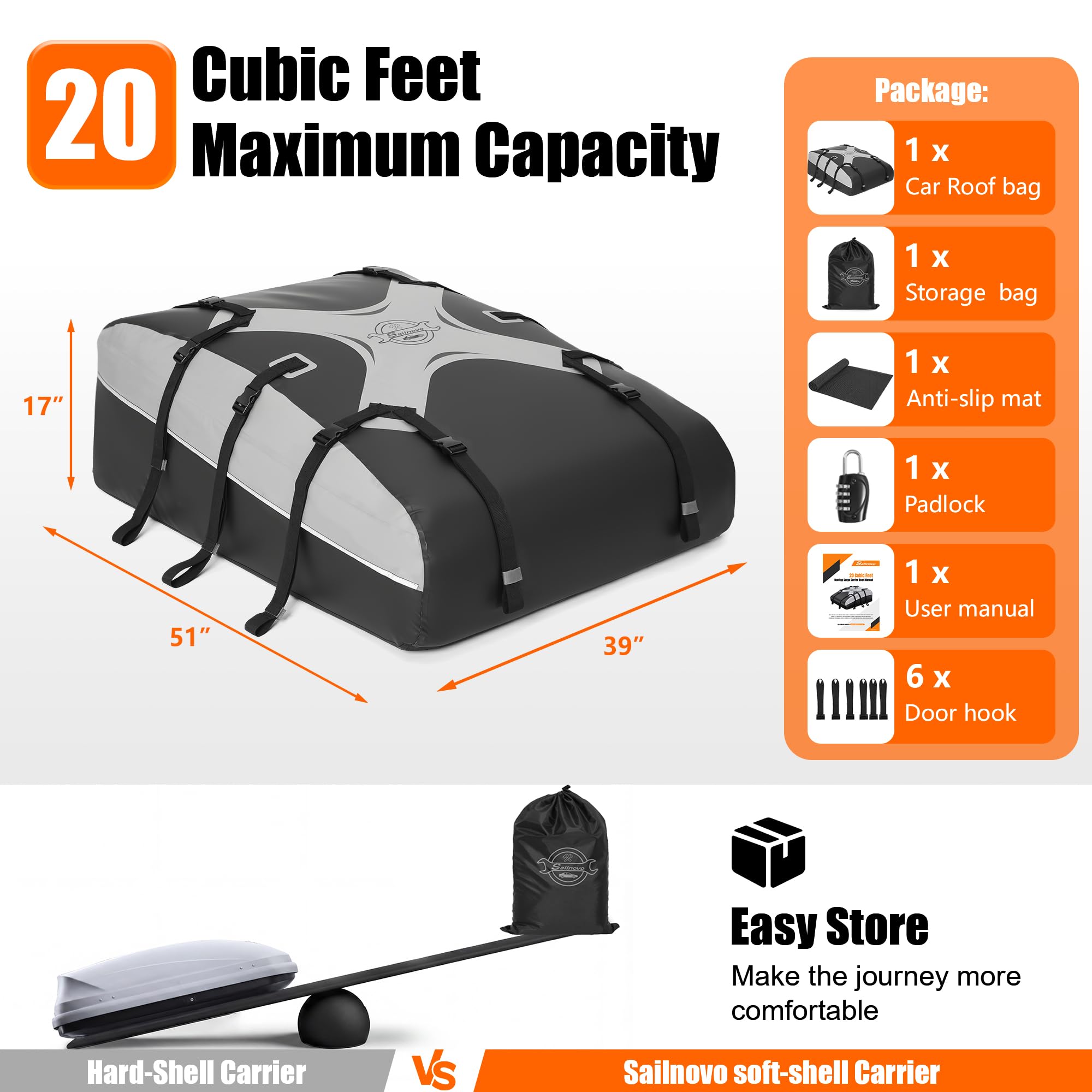 Sailnovo Sac de Toit Voiture pour 580L/20 Pieds Cubes pour Tous Les Véhicules avec/sans Galerie de Toit avec Sangle, 6 Crochets de Porte (Gris-Noir)