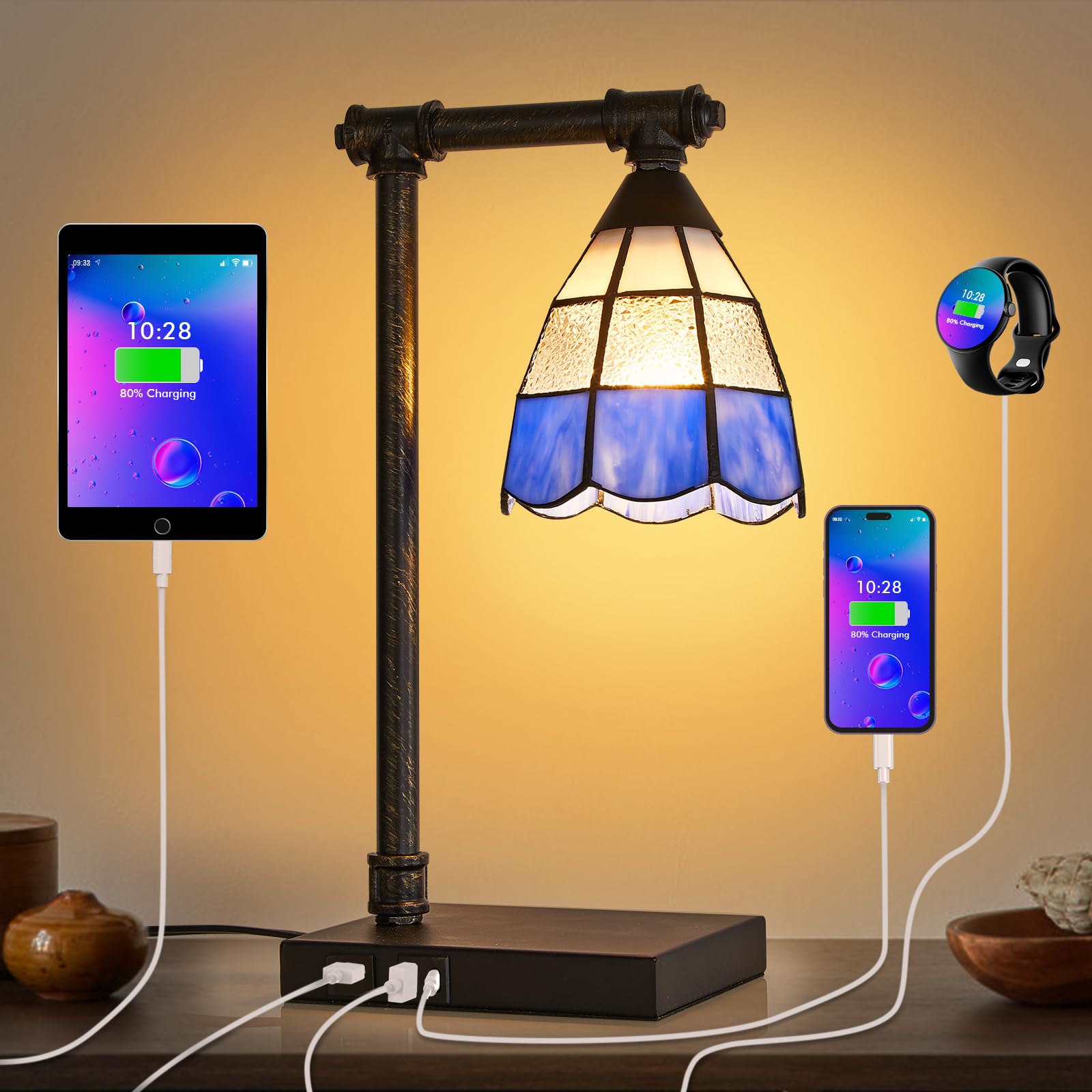 Tiffany Lámpara de mesa, lámpara de escritorio Steampunk con puertos de carga USB duales y tipo C, lámpara de noche pequeña industrial rústica para mesita de noche, dormitorio, sala de estar,