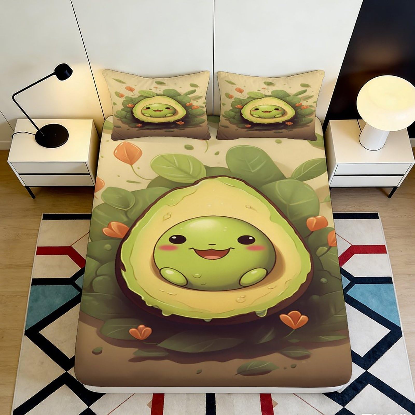 3D Printed Cute Avocado Fitted Sheet Microfiber Soft Cartoon Fruit Bed Cover for Bedroom Dorm Mattress Decor 90x200x25cm