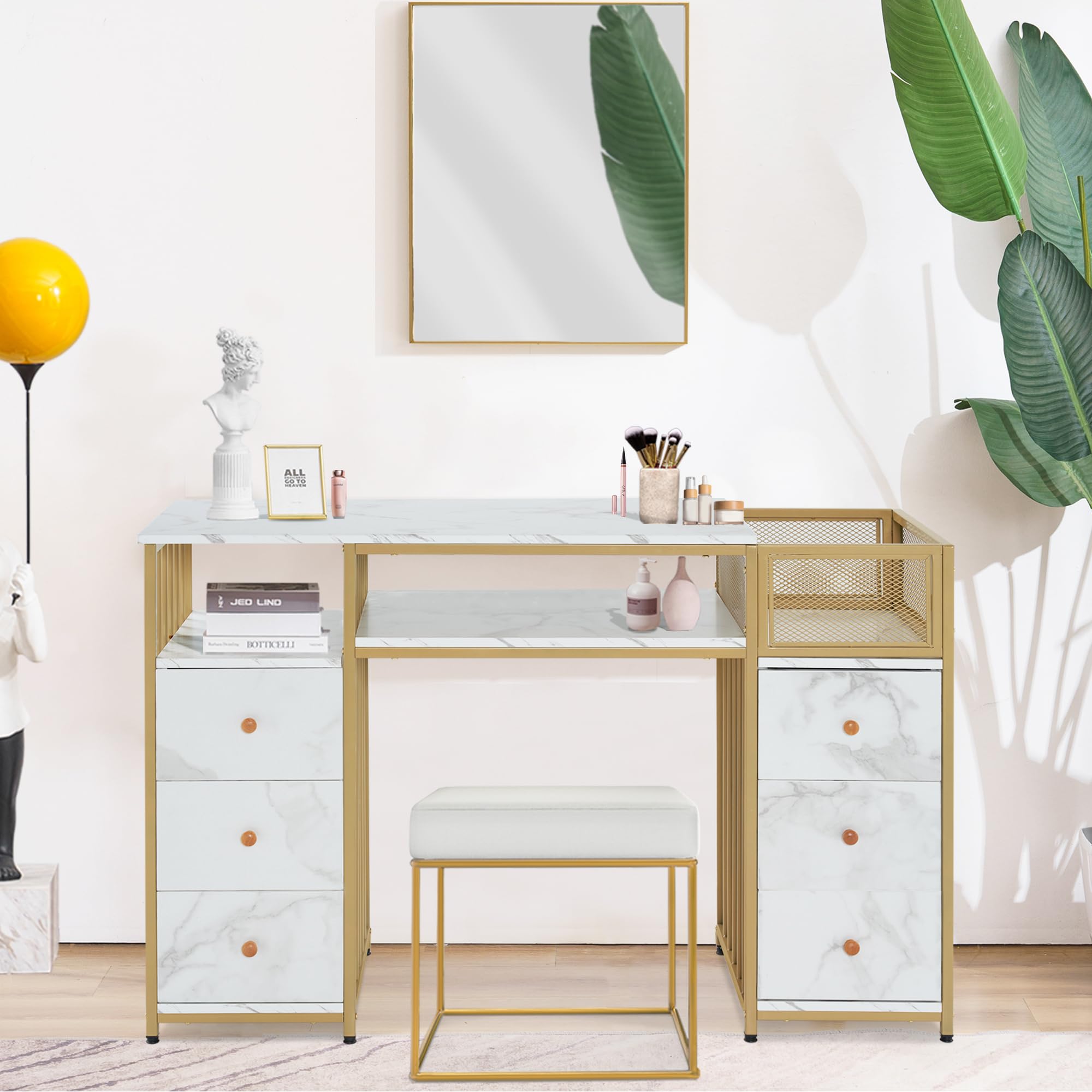 M MCombo Schreibtisch mit 6 Schubladen, Nageltisch, Manikürtisch, Schminktisch ohne Spiegel Modern, Computertisch mit Ablagen Wohnzimmer, 46x125x81cm, 2425 (Weiß-Gold)
