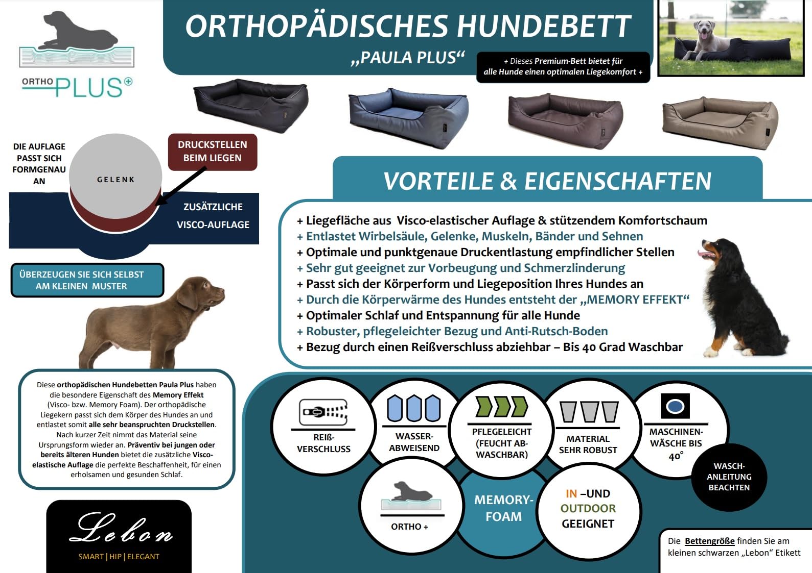Lebon - Hundebett Paula Plus | Orthopädisch | 4 Farben | 4 Größen | Pflegeleicht | Schmutz- & Wasserabweisend (L, Braun)