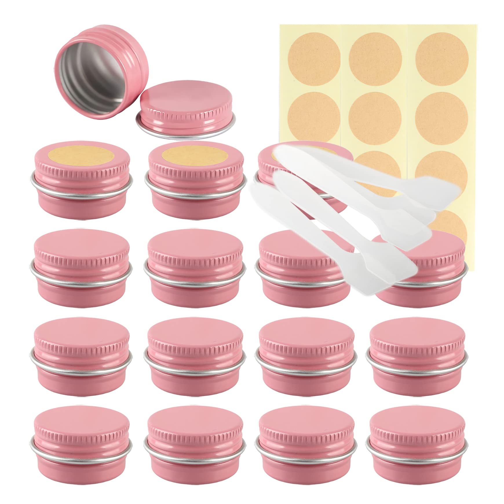 LusDoly Pack of 100 Empty 5ml Pink Aluminium Tins with Lids - Ø26x15mm Round Aluminum Screw Pots Travel Round Cosmetic Cream Container Jars for Candle Lip Balm, Salve with Spatulas & Labels