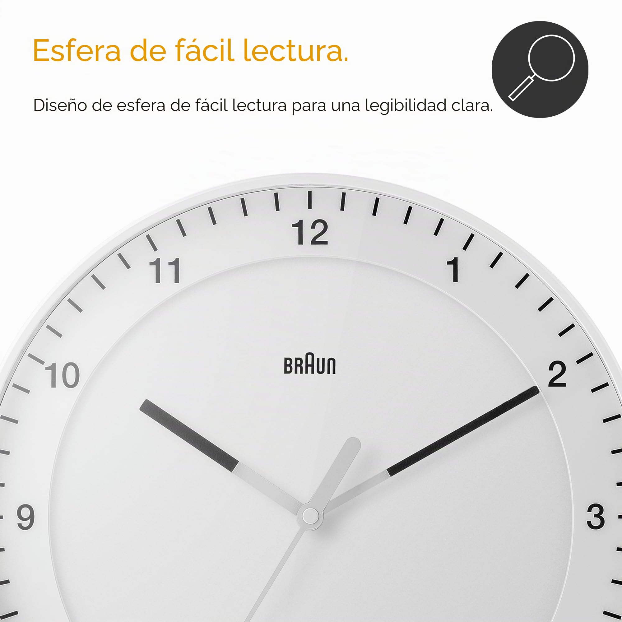 Braun Reloj de Pared analógico Grande clásico Movimiento de Agujas silencioso, de fácil Lectura, diámetro del 30 cm en Blanco, Modelo BC17W.