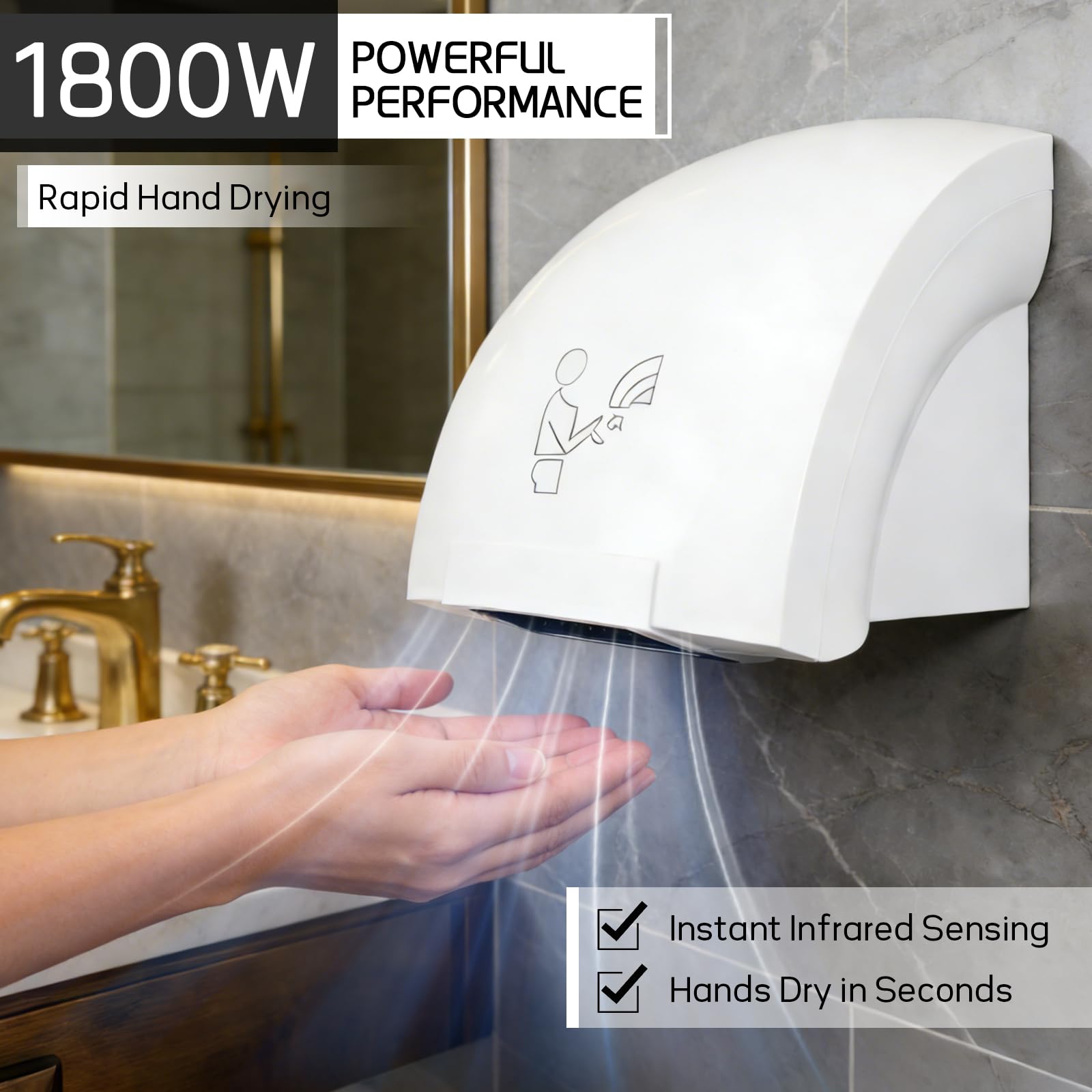JAOGAUS Secador de manos automático de 1800 W, secador de manos eléctrico montado en la pared, secado rápido, bajo nivel de ruido, aire caliente y frío, opción sin taladrar o taladrar para oficina y