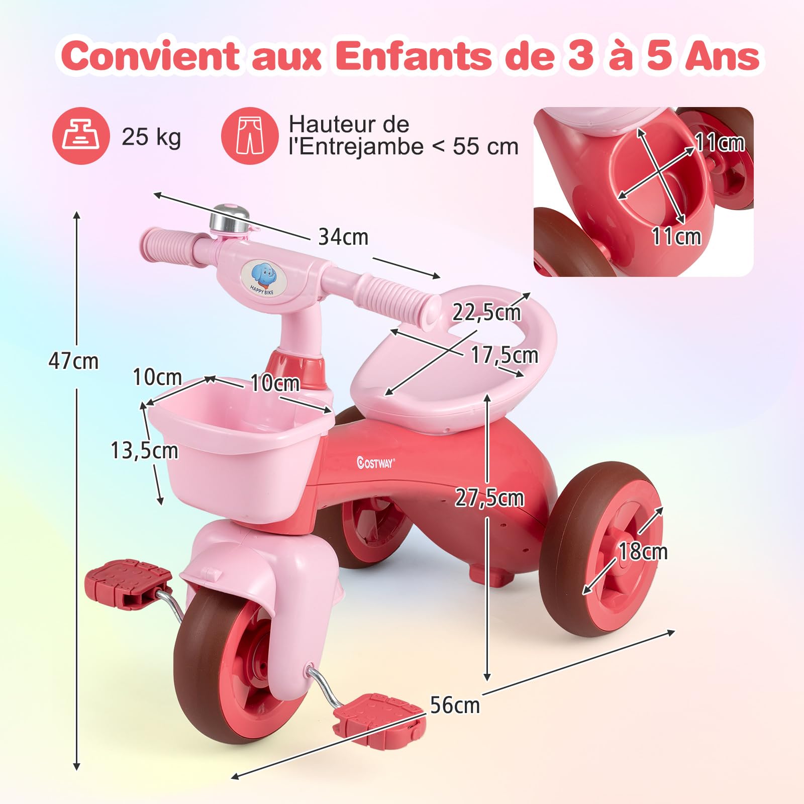 COSTWAY Tricycle Bébé Évolutif avec Sonnette et Guidon et Pédale, Vélo Enfant à 3 Roues en TPE avec 2 Paniers de Rangement, Draisienne pour Garçons Filles de 3-5 Ans, Charge 25kg (Rose)