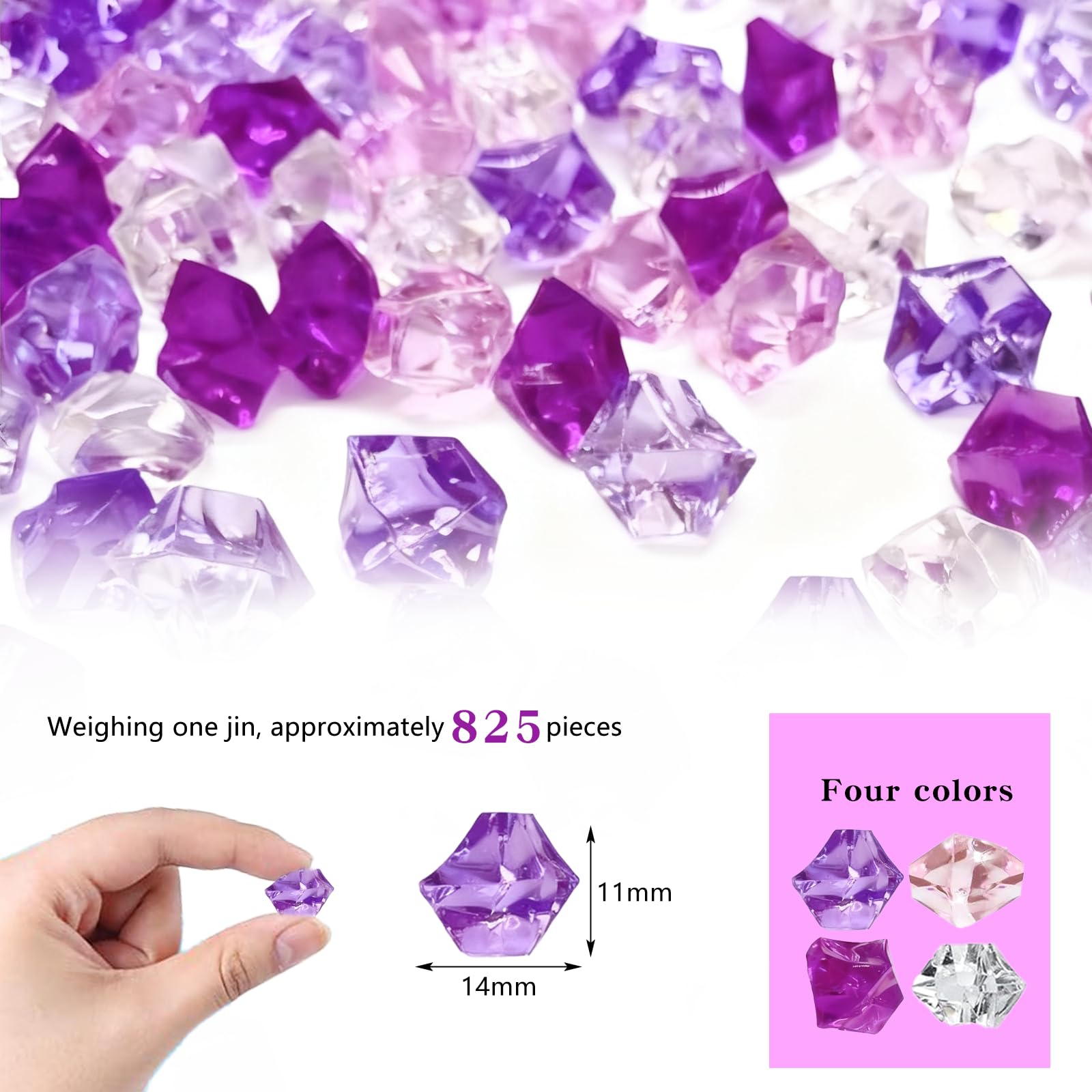 Falso Crushed Ice Rocks, 500 G in acrilico, pietre di cristallo acrilico, pietre colorate per riempire vasi decorativi e per il fai da te (viola, trasparente, rosa, rosso rosa)