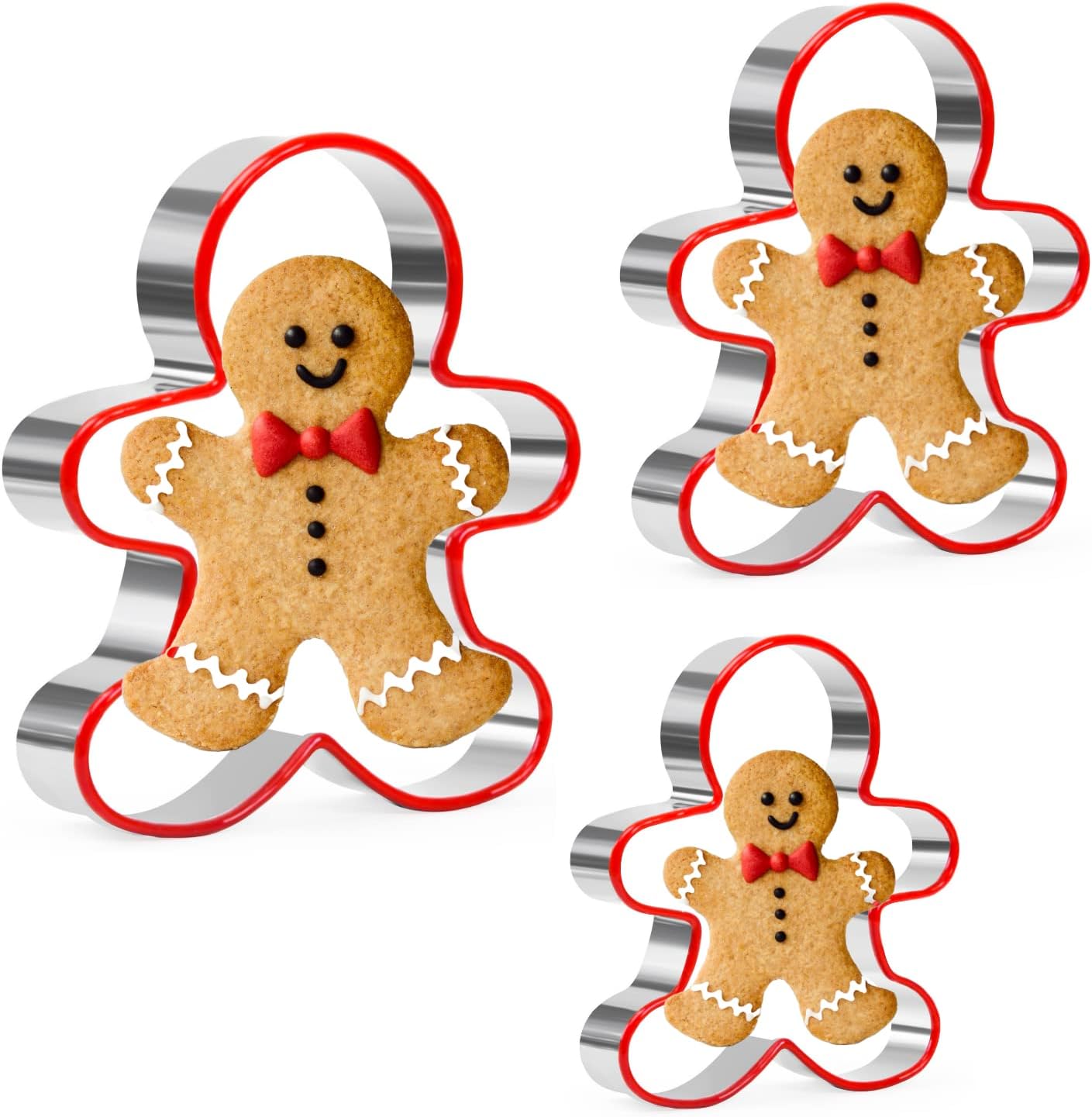Gingerbread Man Cookie Cutters Set, 3 PCS Gingerbread Man Biscut Cutters Set Stainless Steel Christmas Cookie Cutters with Red Environmental PVC - 5.3/4.5/3.5IN