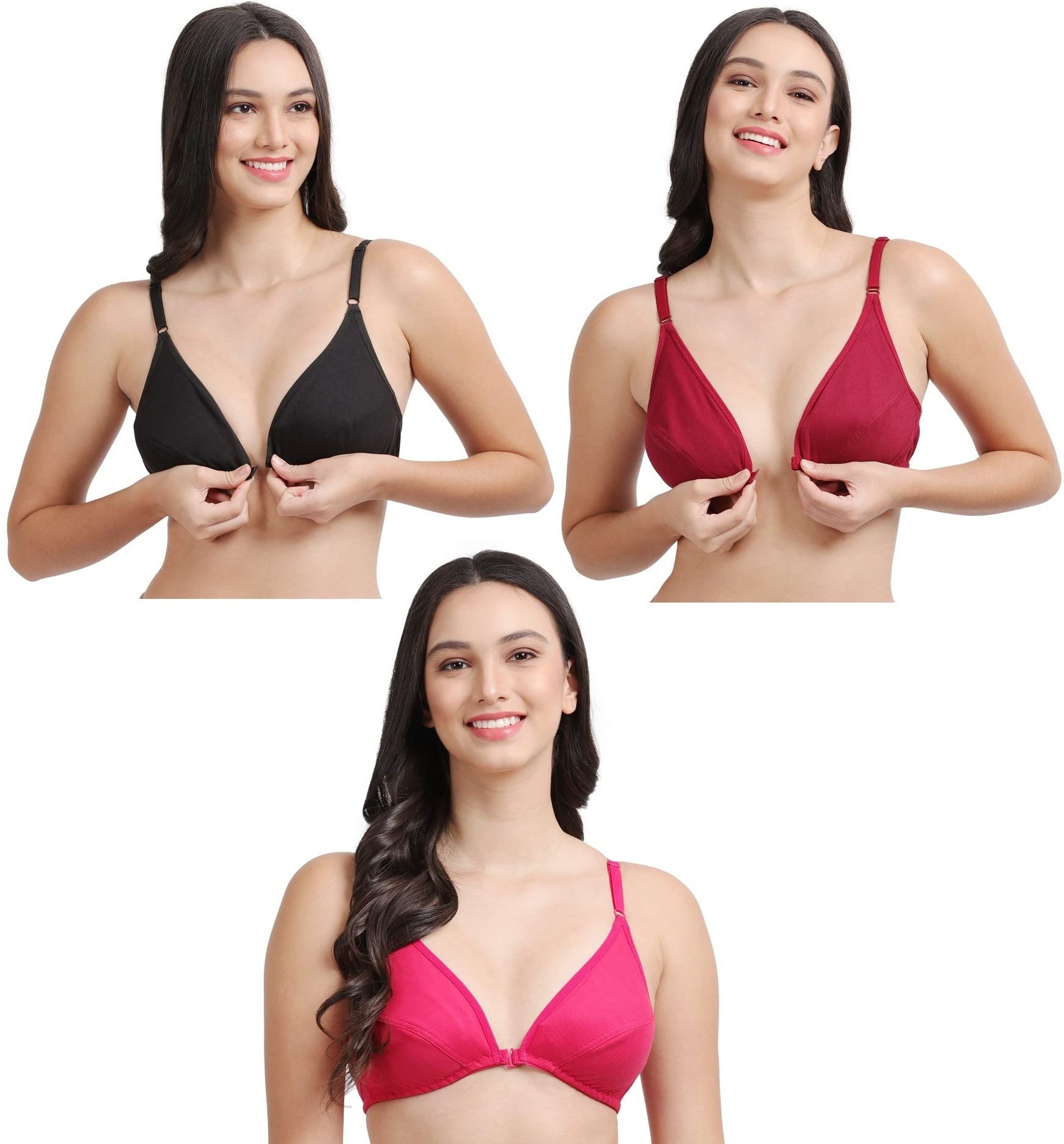 koisa Cotton Blend Solid Non-Wired Non-Padded Plunge Bra for Womens (Pack of 3)